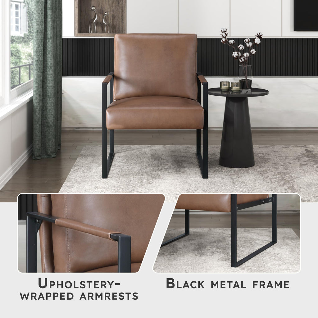 Modern Accent Chair, Faux Leather Upholstered Chair with Wrapped Armrests, Arm Chair with Black Metal Frame, Comfy Single Chair for Living Room/Bedroom/Reading Room/Office, Brown