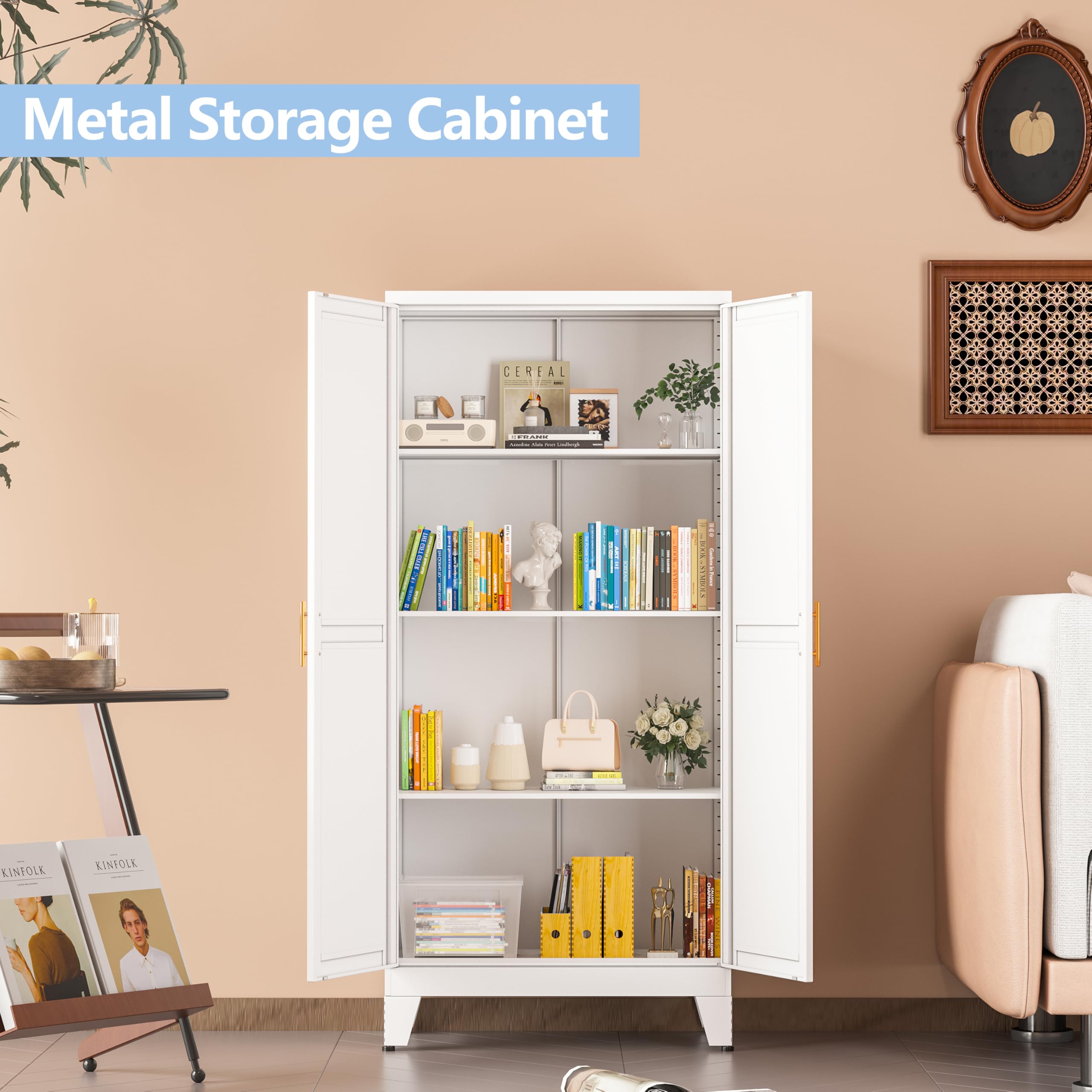 White Pantry Cabinets, 48" Metal Storage Cabinet for Office