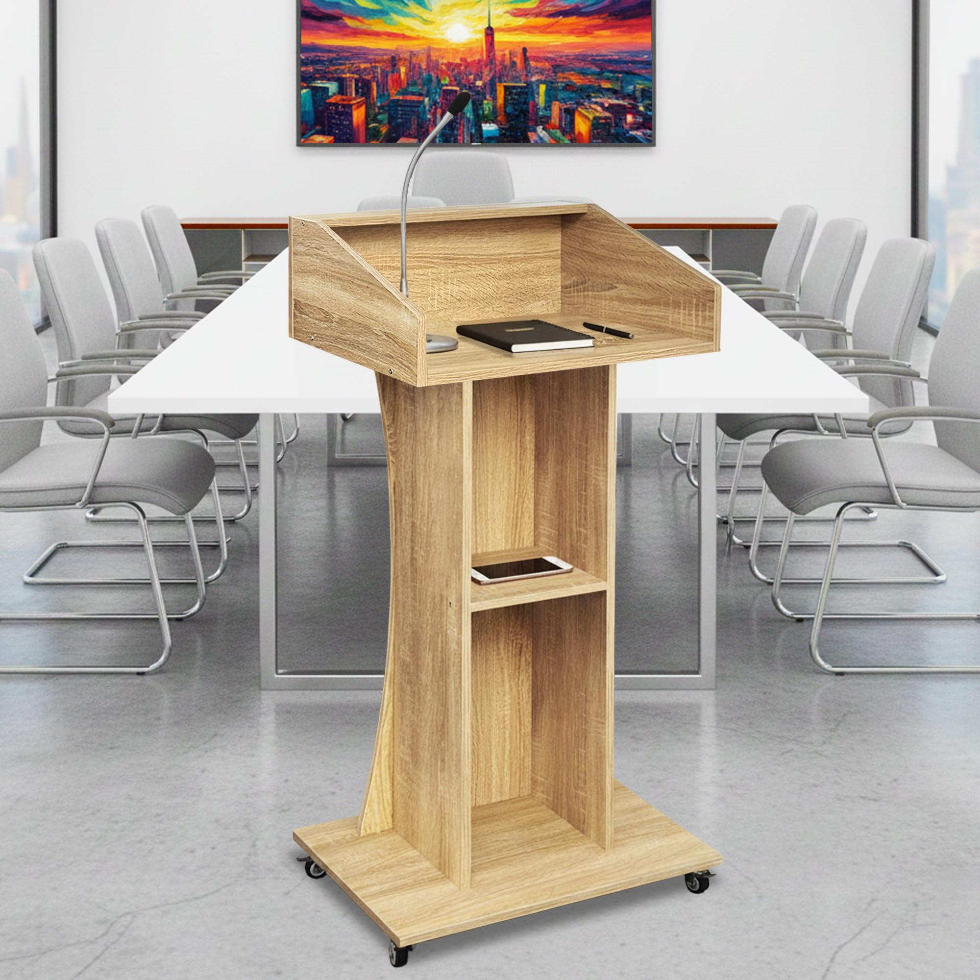 Podium Stand with Lockable Wheels,47"H Wooden Podium for Classroom, Mobile Pulpit Lectern with 3 Storage Shelves for Church, Office,Conference Room (White Oak)