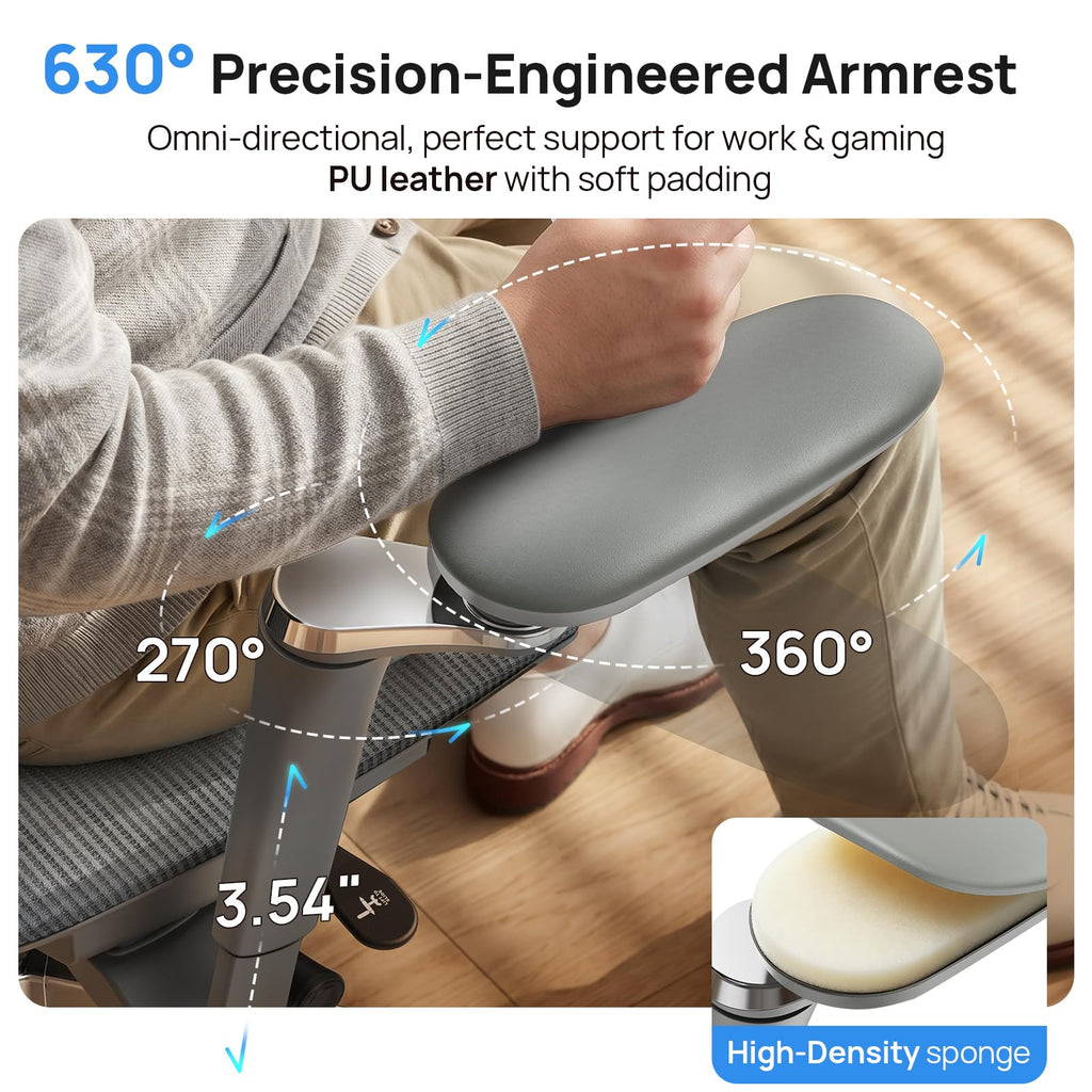 Ergonomic Office Chair with Adaptive Dual-Wing Lumbar Support - Over 10 Hours Sitting Comfortable Mesh Big and Tall Home Desk Chair, 4D Headrest, 630° Armrst, Seat Depth Adjustable