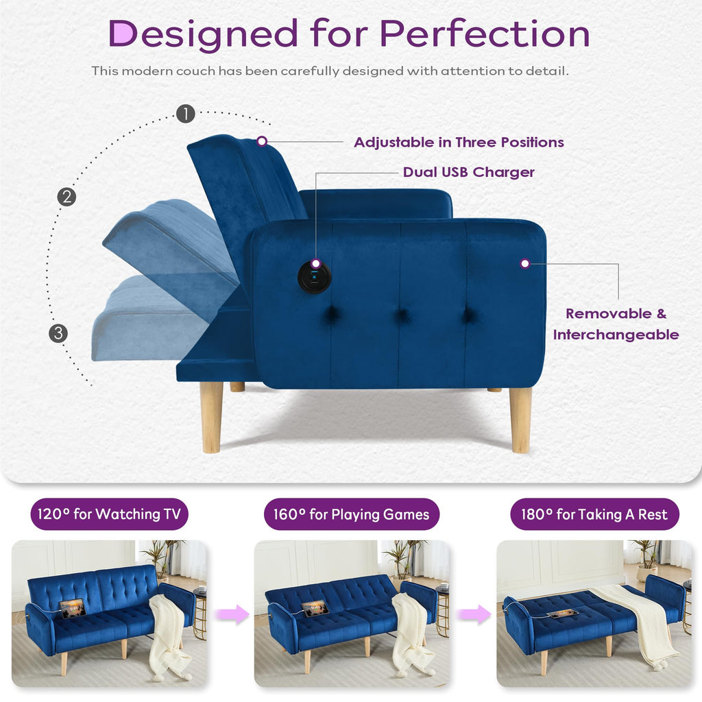 62.99" W Velvet Modern Convertible Folding Futon Couch Sofa Bed w/ 2 USB Charging Ports for Compact Living Space, Small Couches for Office, Dorm, RV Room, Apartment, Bedroom (Navy Blue)