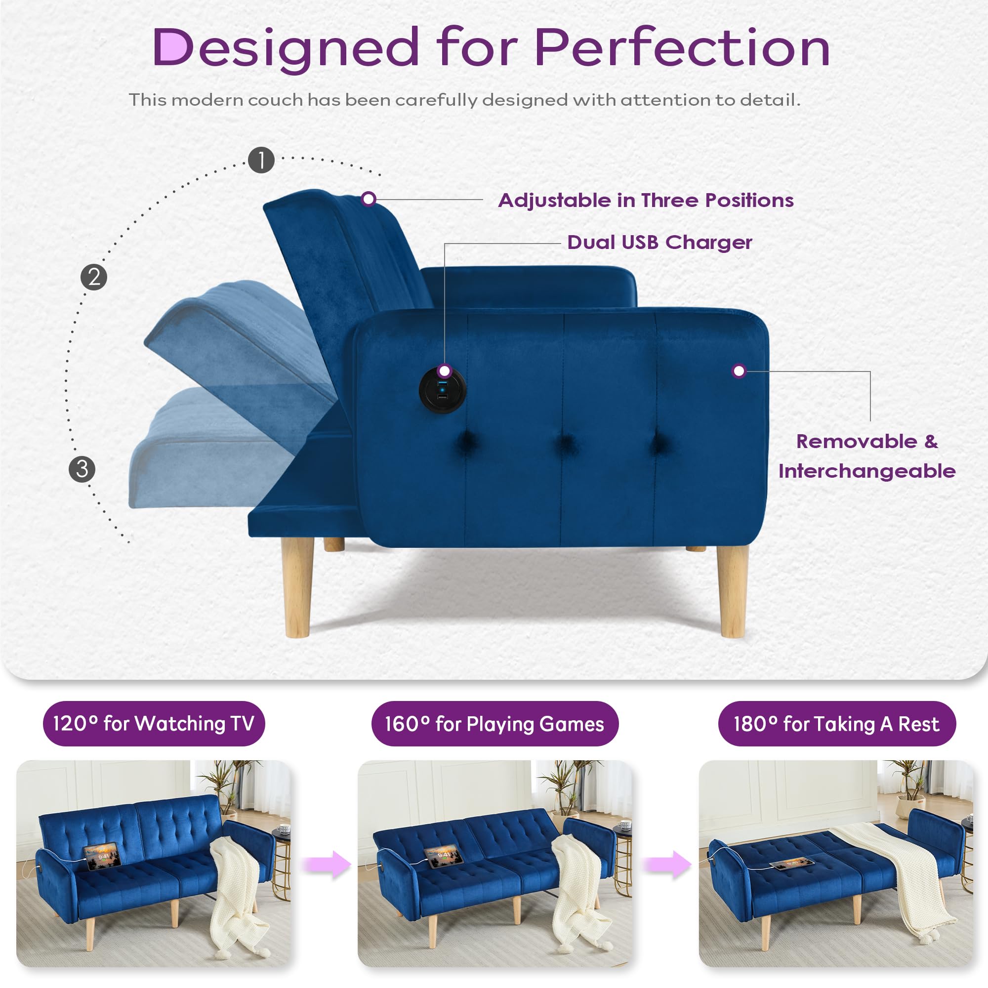 62.99" W Velvet Modern Convertible Folding Futon Couch Sofa Bed w/ 2 USB Charging Ports for Compact Living Space, Small Couches for Office, Dorm, RV Room, Apartment, Bedroom (Navy Blue)