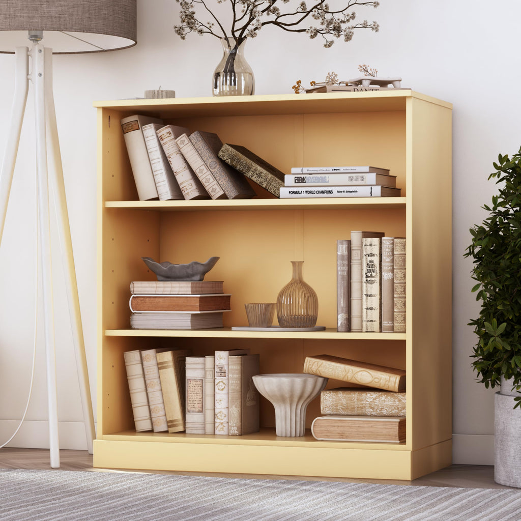 Solid Wood Bookcase - 3 Tier Floor Standing Bookshelf - 36" Short Storage Cabinet, 32” Wide - Yellow, Display Furniture for Living Space, 100% Eco-Friendly Wood, Made in Brazil