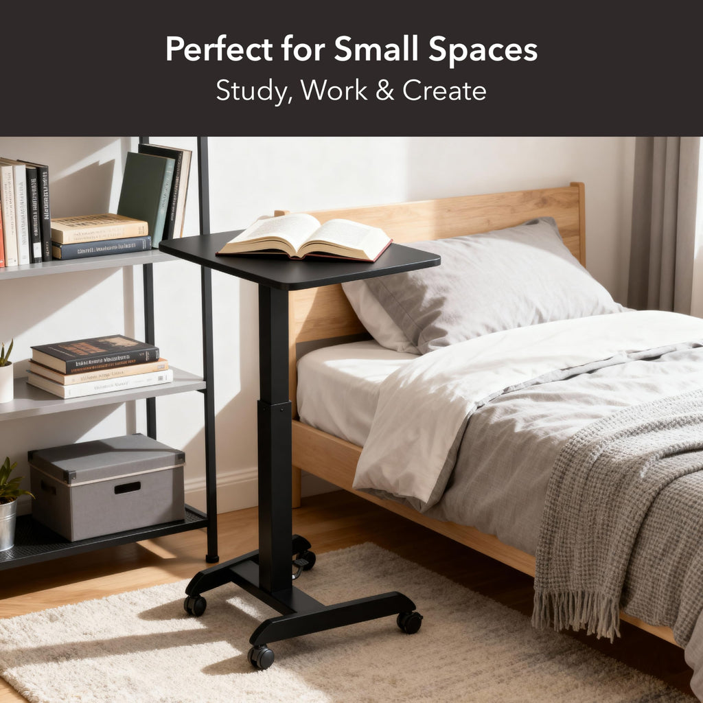 Rolling Laptop Desk Adjustable Height (29.6”-44.2”), Mobile Workstation Cart with 23.6” x 20.5” Desktop, Small Sit-Stand Desk for Home, Office, or Classroom in Black