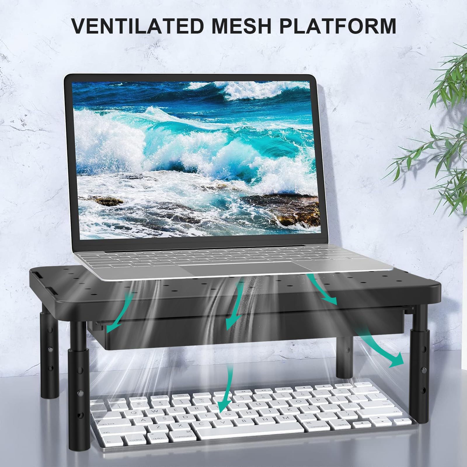 Computer Monitor Stand with Storage, Desk Monitor Riser 3 Height Adjustable, Laptop Riser with Airflow Vents, Desk Organizer for Computer, Laptop, Printer (PTT002-B), 1 Pack, Black
