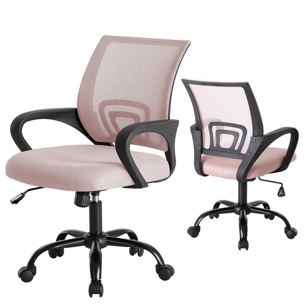 2 Pack, Office Desk Chair - Ergonomic Mid Back with Lumbar Support & Rocking Mode, Height Adjustable with Fixed Armrest, for Home, Computer, Gaming, Conference, Meeting Room, 360° Swivel, Pink
