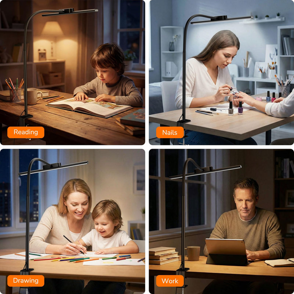 Led Desk Lamp for Office, Metal Architect Lamp with Clamp, 11W 650LM Eye-Caring Task Light, 25 Lighting Modes, Flexible Gooseneck for Monitor, Workbench, Drafting, Crafts, Reading, Black