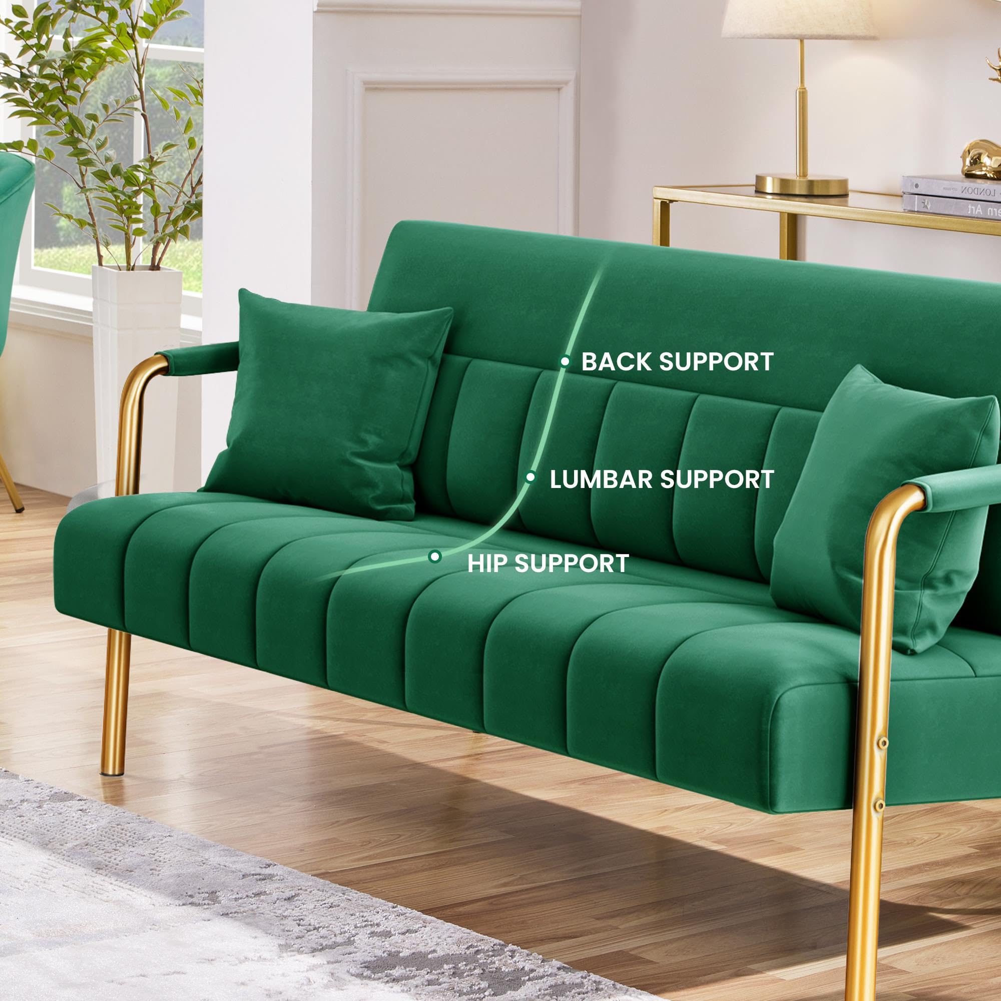 56.5" W Modern Sofa Small Sofa Luxurious Velvet Fabric Couch with Gold-Tone Metal Arms and Legs for Living Room, Office, Studio Green