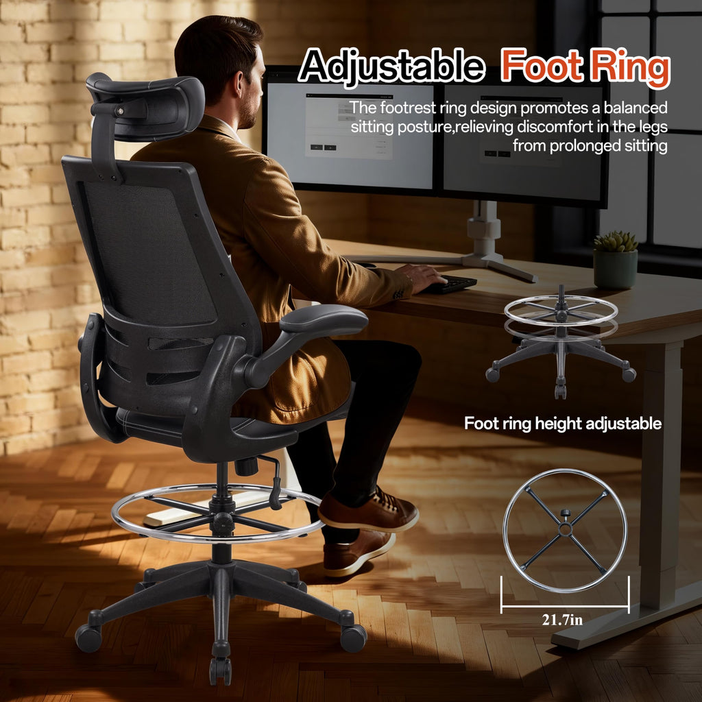 Tall Ergonomic Office Chair, Sustainable Tech-Leather Drafting Chair with Adjustable Foot Ring, 90° Flip-Up Arms Space Saving Mesh Computer Desk Chair for Standing Desk Executive Work 8+ Hours