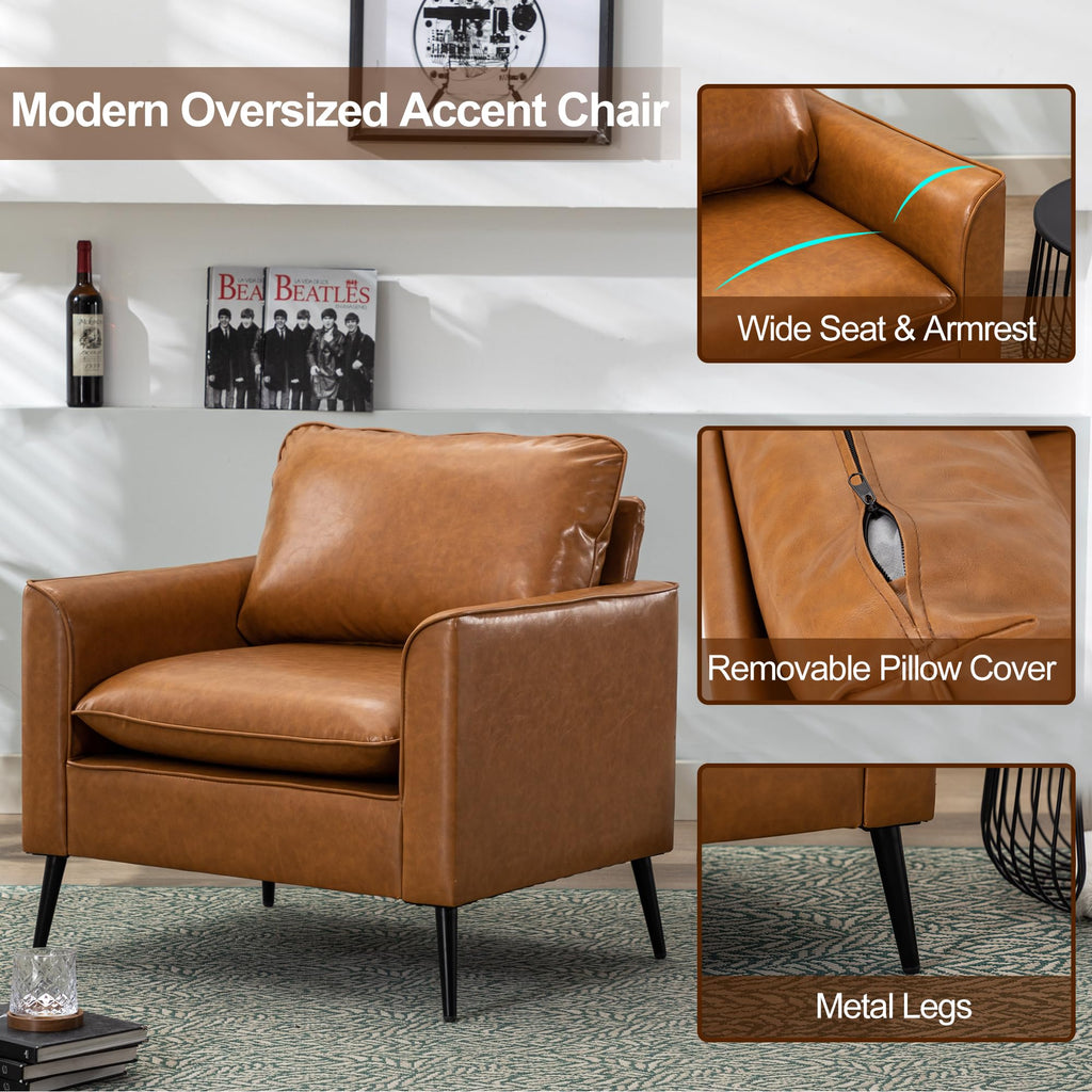 Modern Leather Chair Set of 2, Oversized Armchair for Living Room, Mid-Century Accent Reading Chair for Bedroom Comfy, Upholstered Single Sofa for Waiting Room.