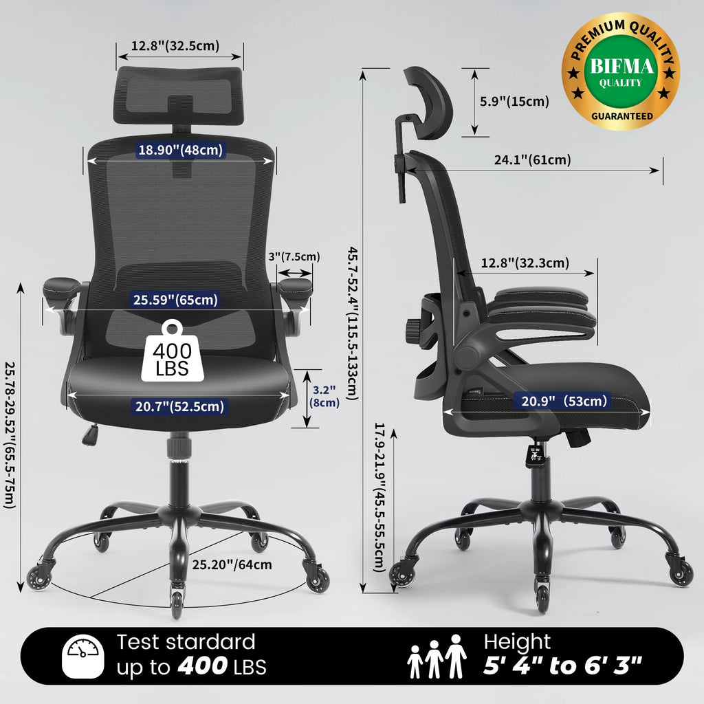 Office Chair, Ergonomic Office Chair with Adjustable Headrest Lumbar Support Computer Chair, Desk Chair Comfy with Flip-up Armrests, Gaming Chairs for Adults Home Office (Leather, Black)