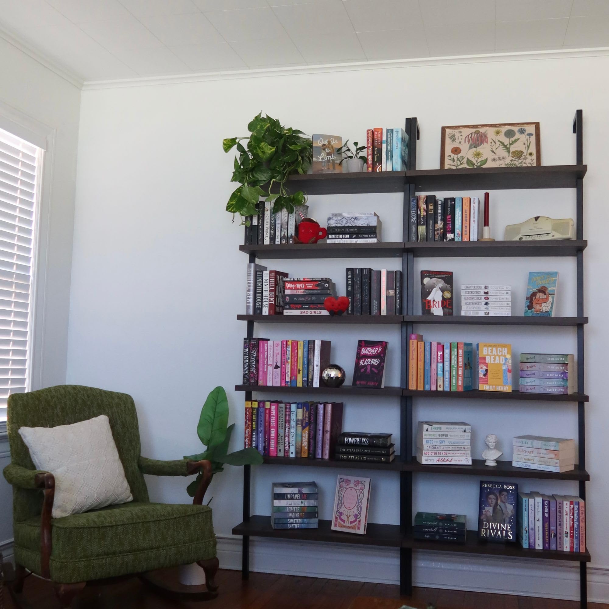 6-Shelf Tall Bookcase, Wall Mount Bookshelf with Natural Wood Finish and Industrial Metal Frame, Nutmeg/Matte Black