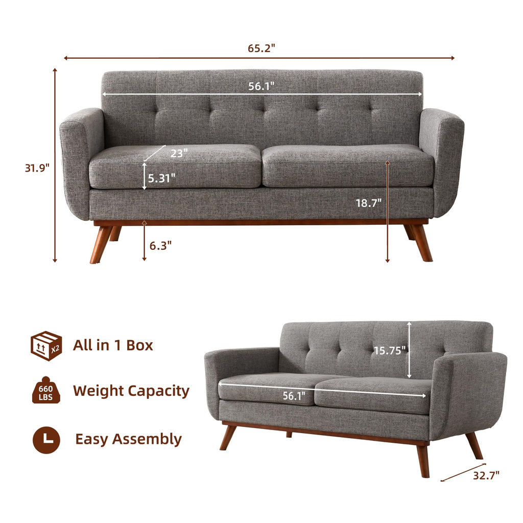 65.2" W Loveseat Sofa, Solid & Easy to Install Small Couch for Bedroom Office Apartment, Grey