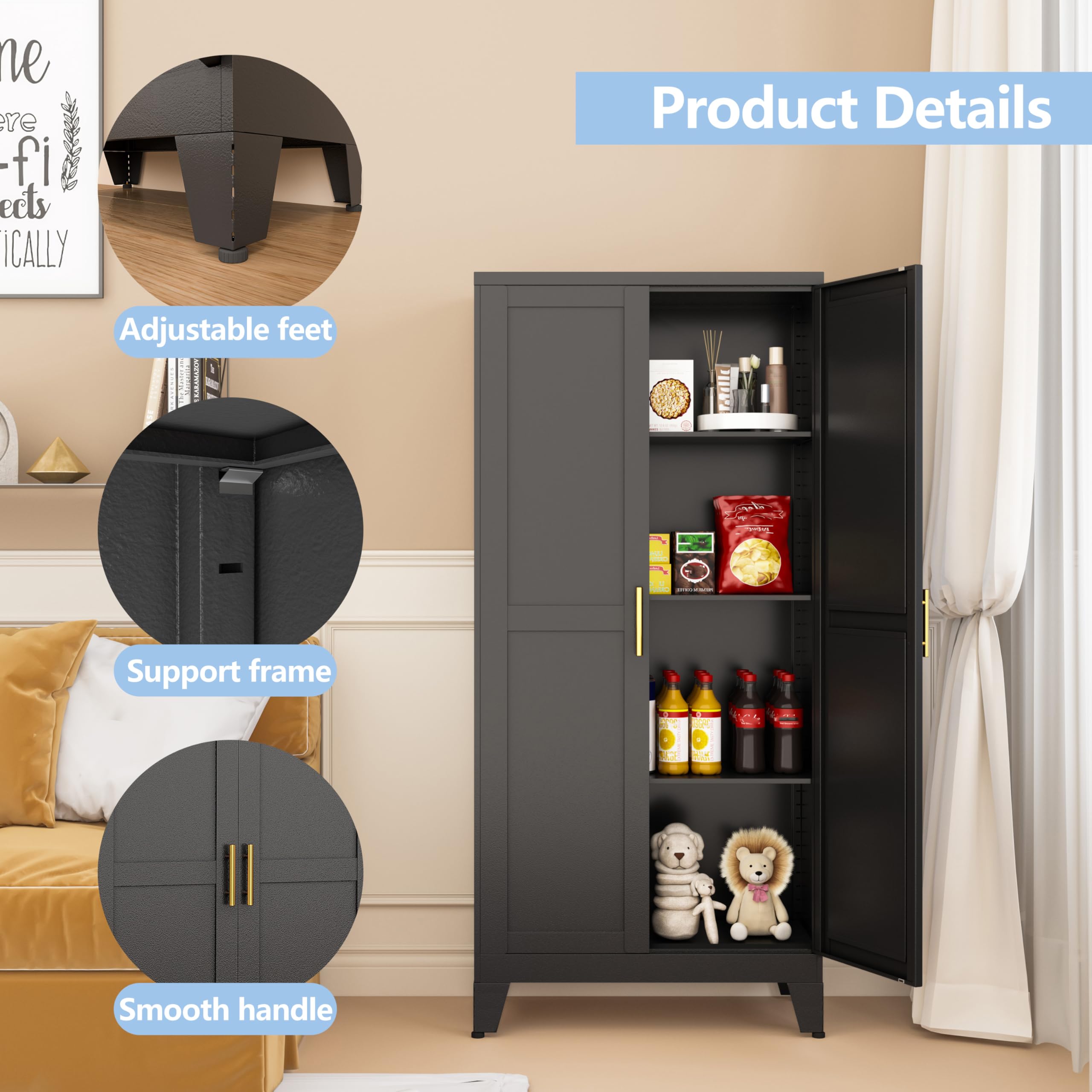 Black Pantry Cabinets, 48" Metal Storage Cabinet for Office