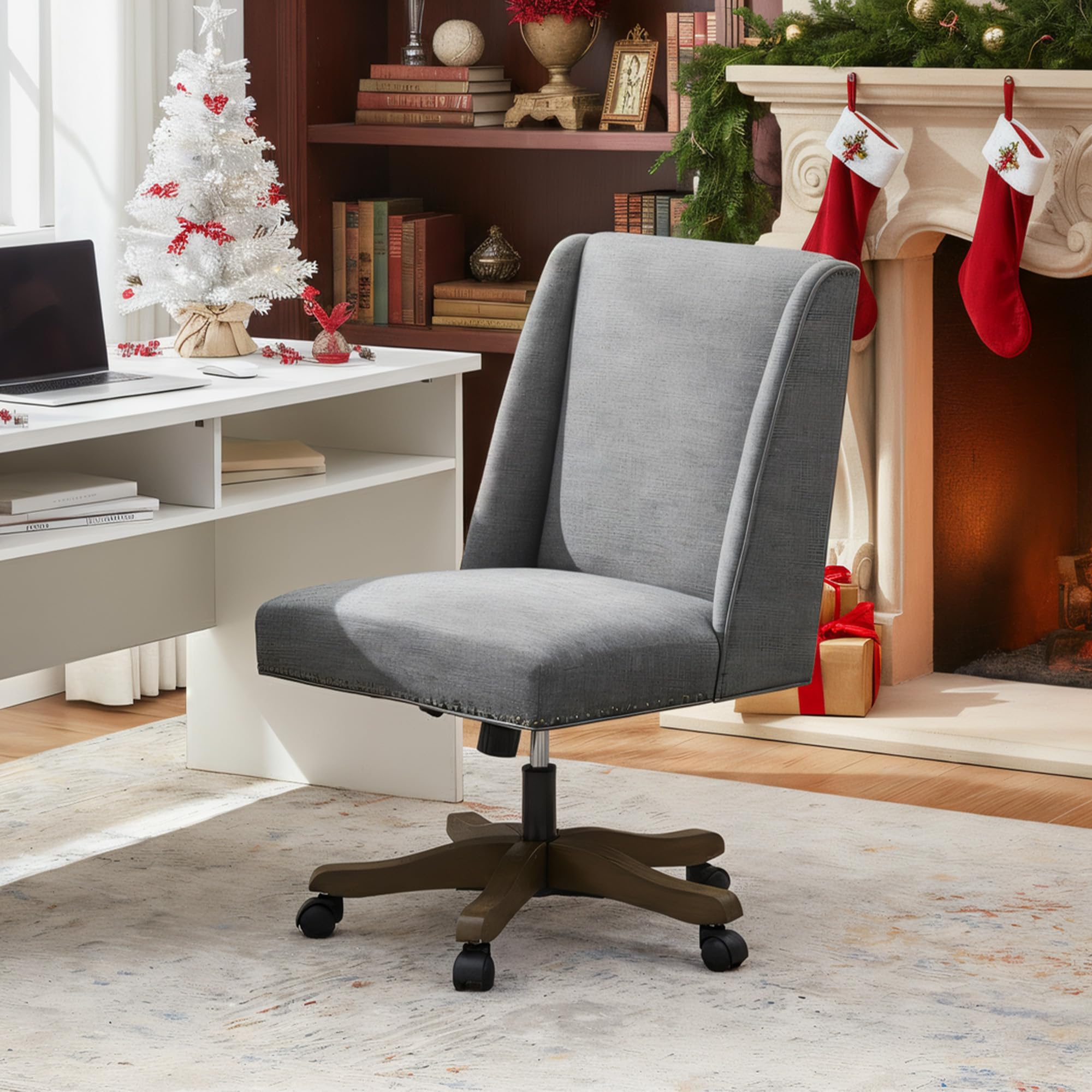 Upholstered Armless Home Office Chair with Wooden Legs, Modern Office Desk Chair No Arms Sewing Chair Adjustable Swivel Desk Chair for Farmhouse Office Study Studio (Dark Gray)