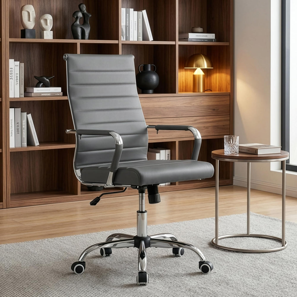 Grey Office Desk Chair, Ergonomic Leather Modern Conference Room Chairs, Executive Ribbed Adjustable Swivel Rolling Chair for Home Office.