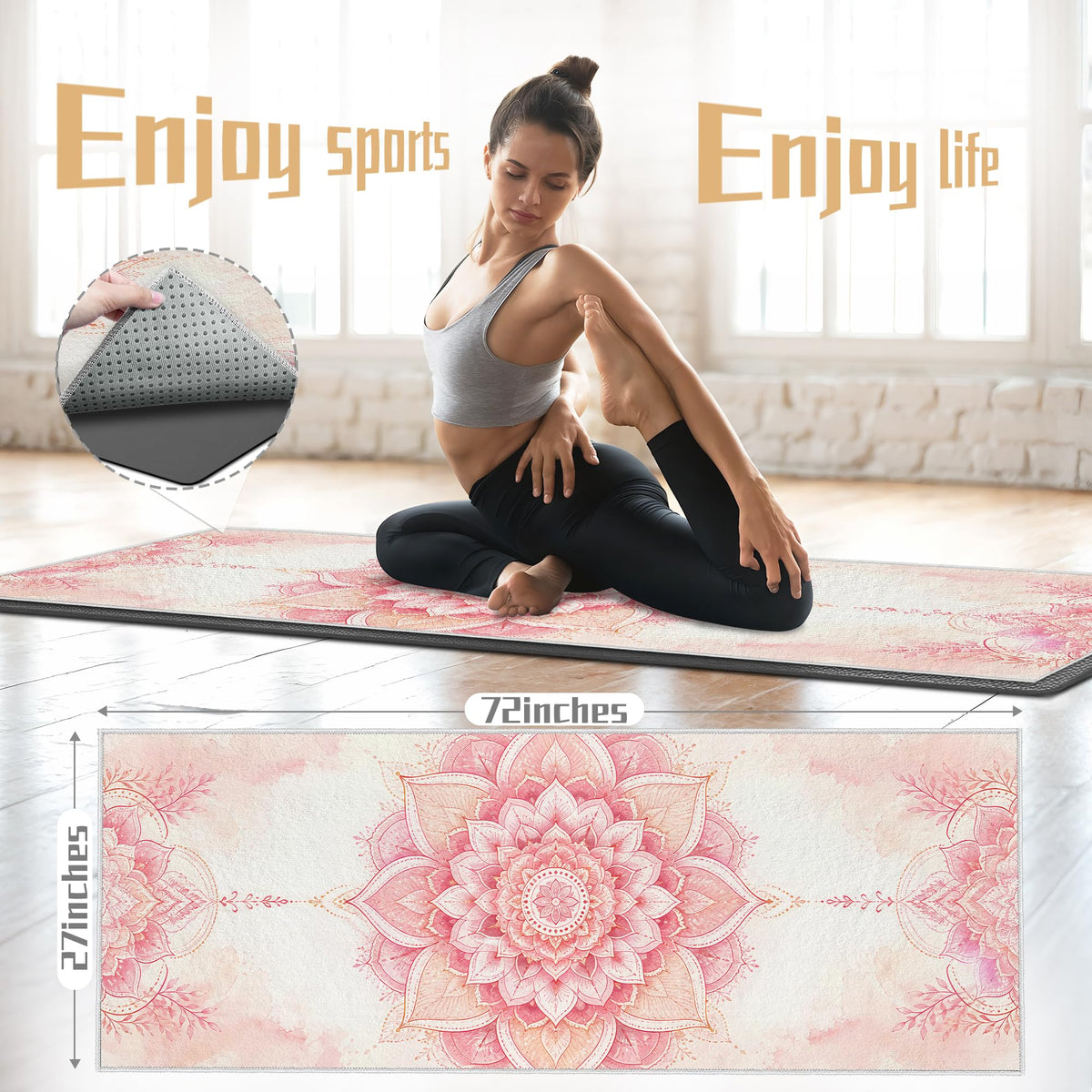 Yoga Towel,Ultra-Absorbent Yoga Mat Towel for Hot Yoga Towel Non Slip,Featuring Ultra-Stylish Prints,Ideal for Workouts,Hot Yoga, Bikram,Pilates Equipment,72 x 27 in, Light Pink