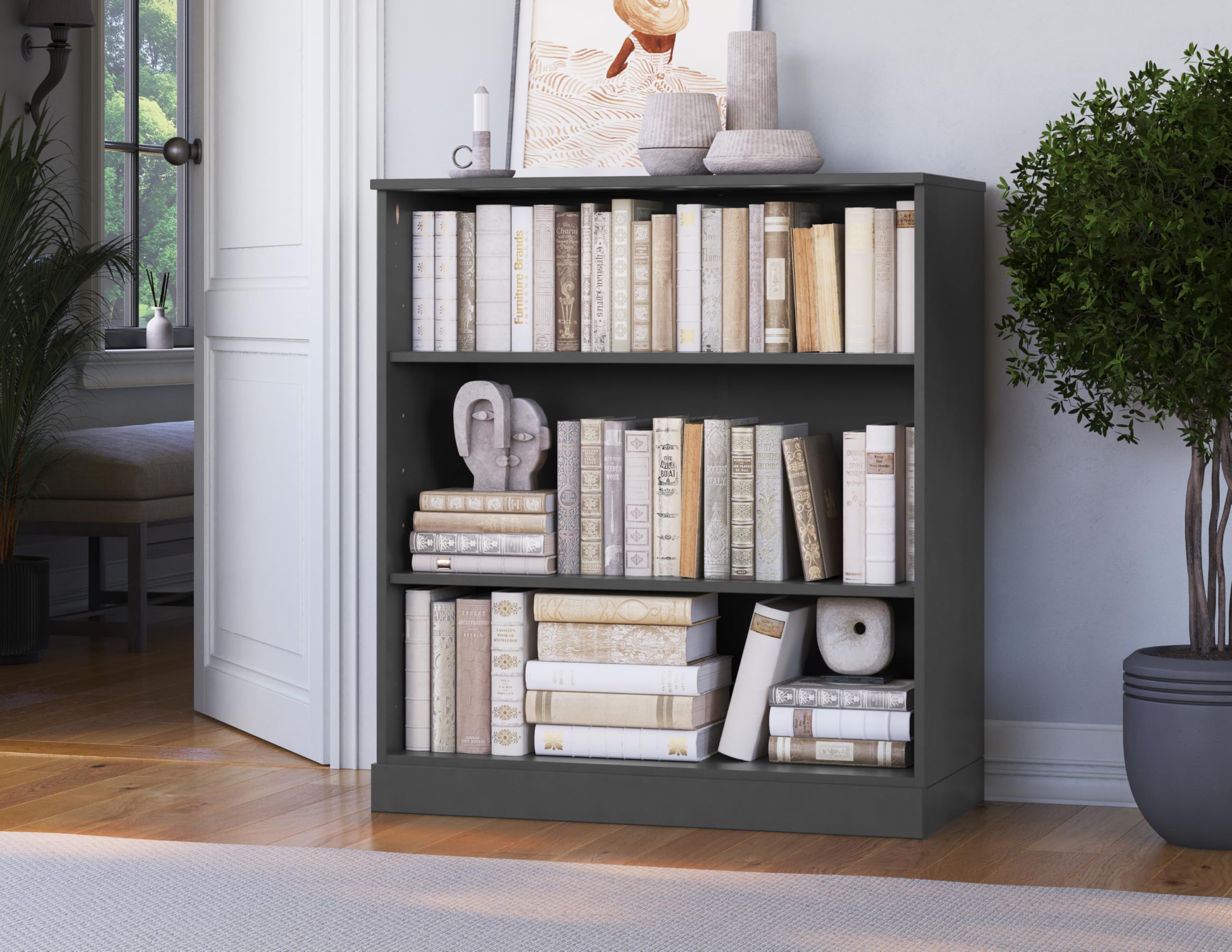 Solid Wood Bookcase - 3-Tier Floor Standing Bookshelf - 36" Short Storage Shelf 32” W - Gray, Display Furniture for Living Room, Renewable 100% Eco-Friendly Wood, Made in Brazil