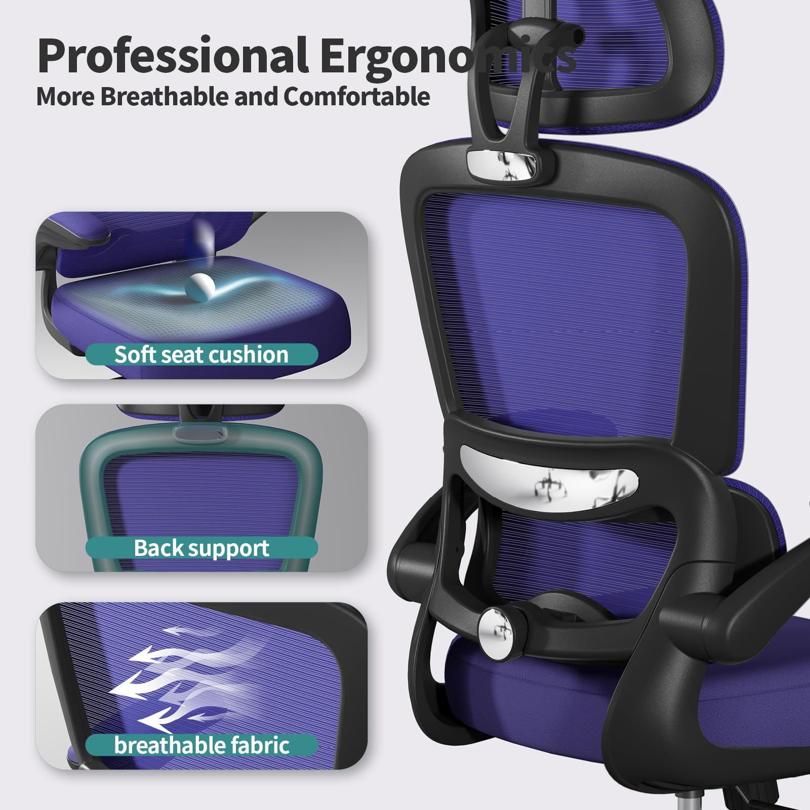 Office Chair Ergonomic Desk Chair, 330 LBS Home Mesh Office Desk Chairs with Wheels, Comfortable Gaming Chairs (Violet)