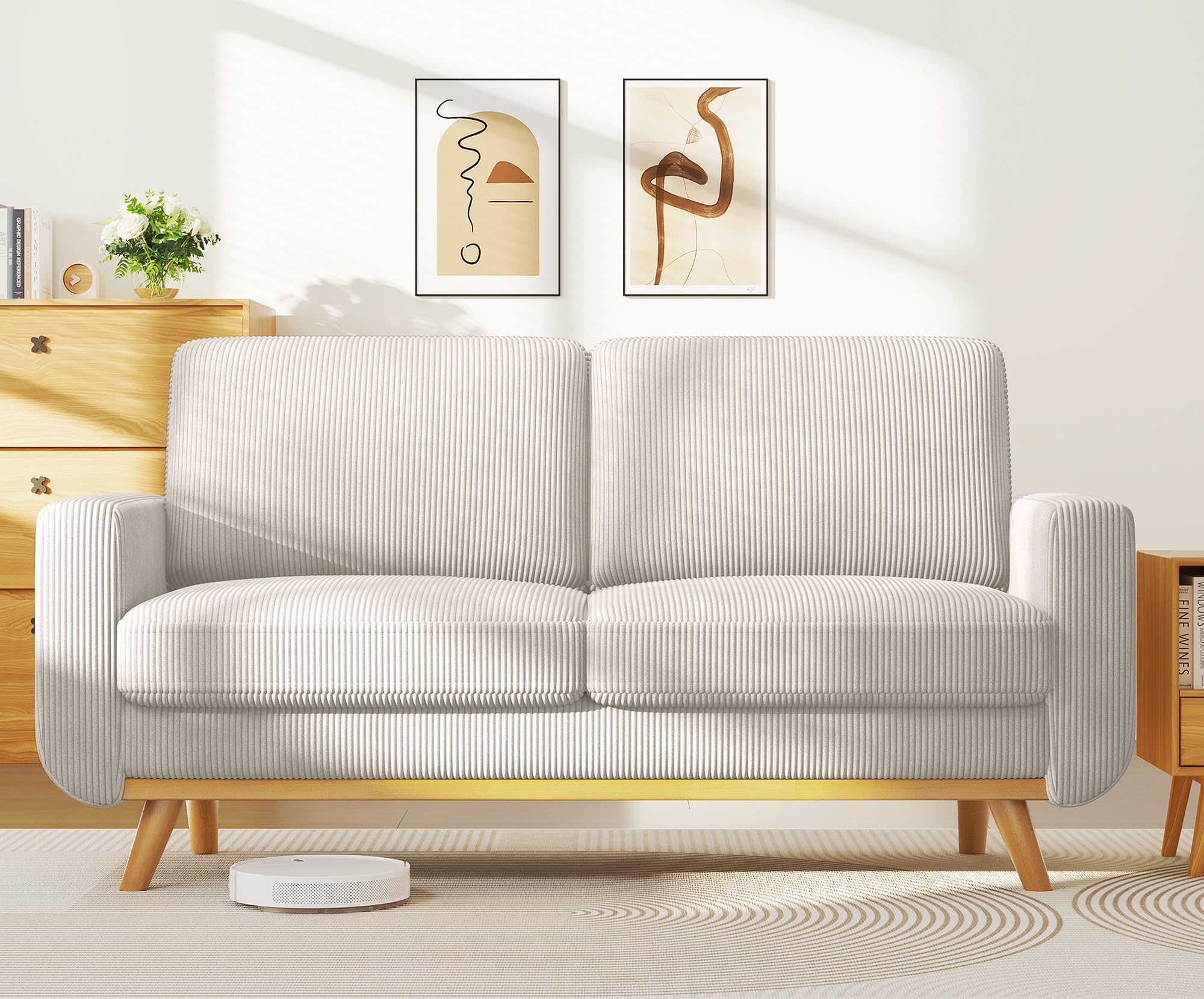 68" Loveseat Sofa Light Grey, Comfy Corduroy Couch with Spring Cushion and Solid Wood, Modern Deep Seat for Bedroom, Living Room, Office