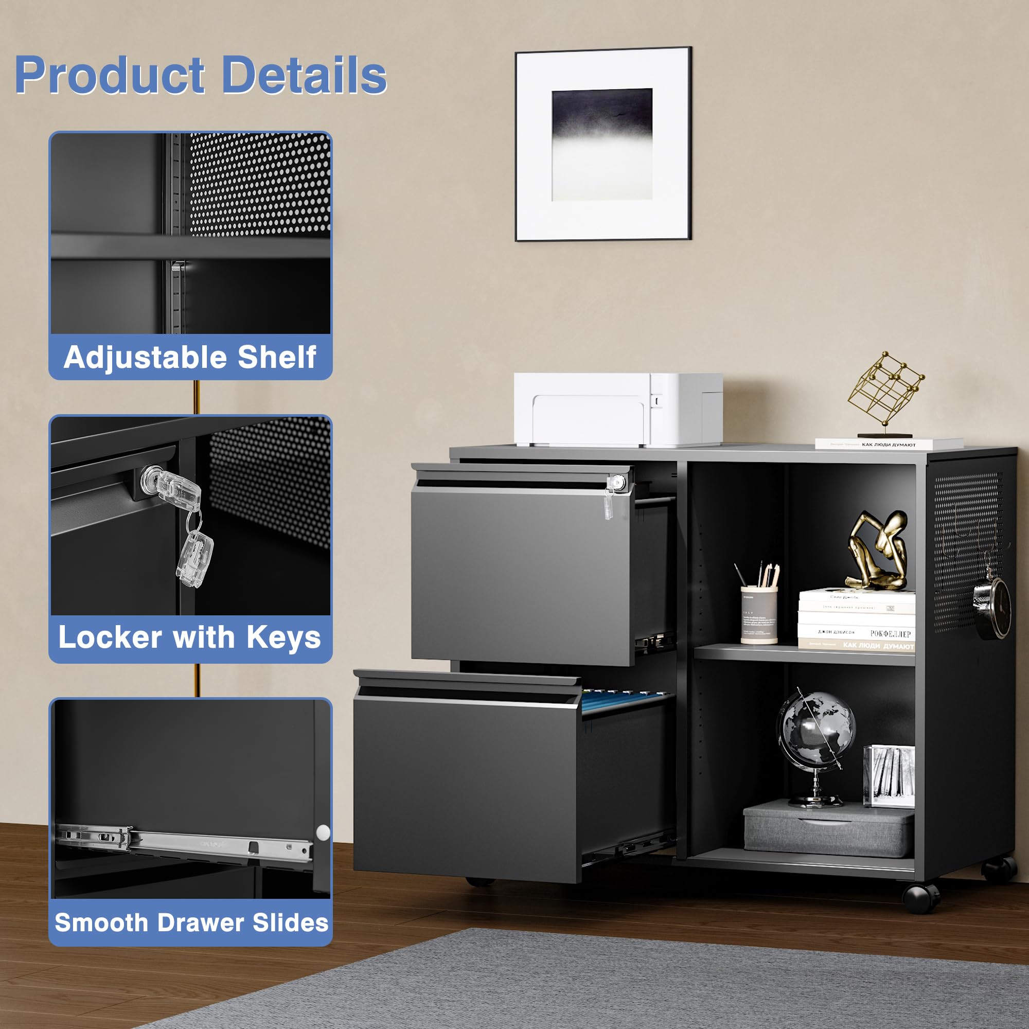 Mobile File Cabinet with Side Hook, 2 Drawer Lateral File Cabinet with Lock fits A4/Letters/Legal Size for Home Office,Metal Rolling Printer Stand with Open Storage Adjustable Shelves(Black)