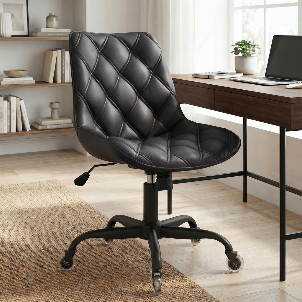 Armless Office Chair, Mid Back Modern Desk Chair with Rubber Wheels, 360 Swivel PU Leather Office Chair No Arms, Adjustable Height Small Computer Chair, Armless Desk Chair for Office, Black