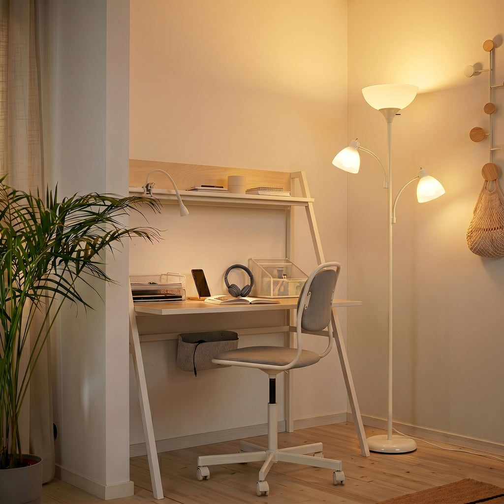 Sky Dome Double – High Brightness Torchiere Floor Lamp with 2 Reading Lights for Living Rooms, Bedrooms – Replace Halogen Standing Lamps with Efficient LED Office Lighting - Tall White Pole