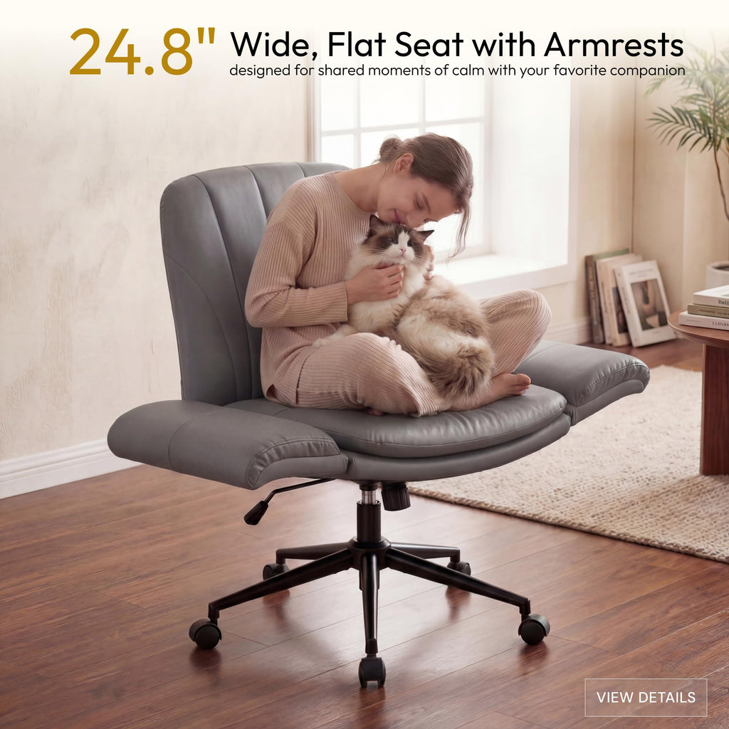Criss Cross Chair with Five-Level Adjustable Arms and Wheels - Comfortable Ergonomic PU Leather Swivel Vanity Chair - Computer Makeup Gaming Chair for Home Office, Bedroom, Vanity Room (Grey)