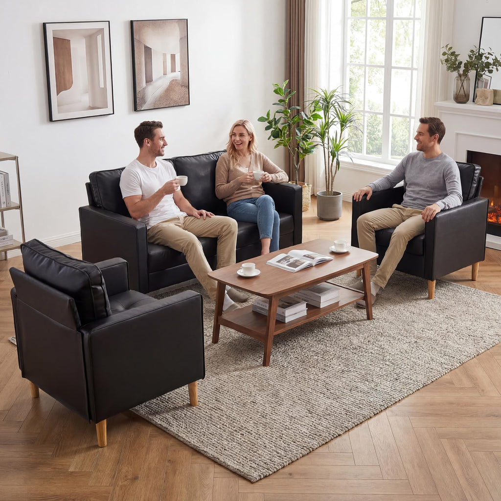 Mid-Century Sectional Sofa Set for Living Room Faux Leather Office 2 Pcs Couch Set with Armrest Modern Upholstered Loveseat Couches (1-Seater+2-Seater, Black)