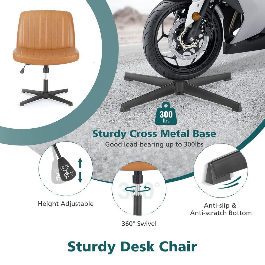 Criss Cross Legged Chairs Armless No Wheels Wide Seat Height Adjustable Swivel Padded PU Leather Home Office Desk Seating for Bedroom, Student, Study Room