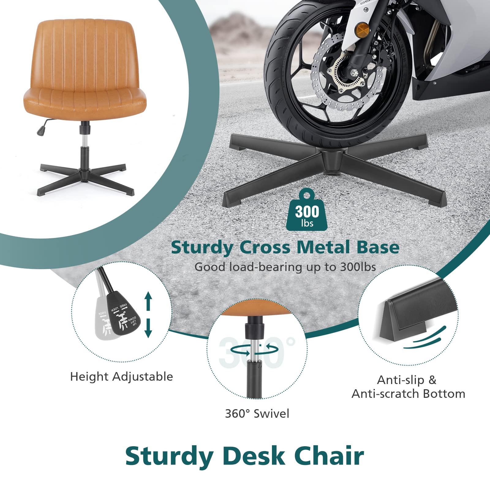 Criss Cross Legged Chairs Armless No Wheels Wide Seat Height Adjustable Swivel Padded PU Leather Home Office Desk Seating for Bedroom, Student, Study Room