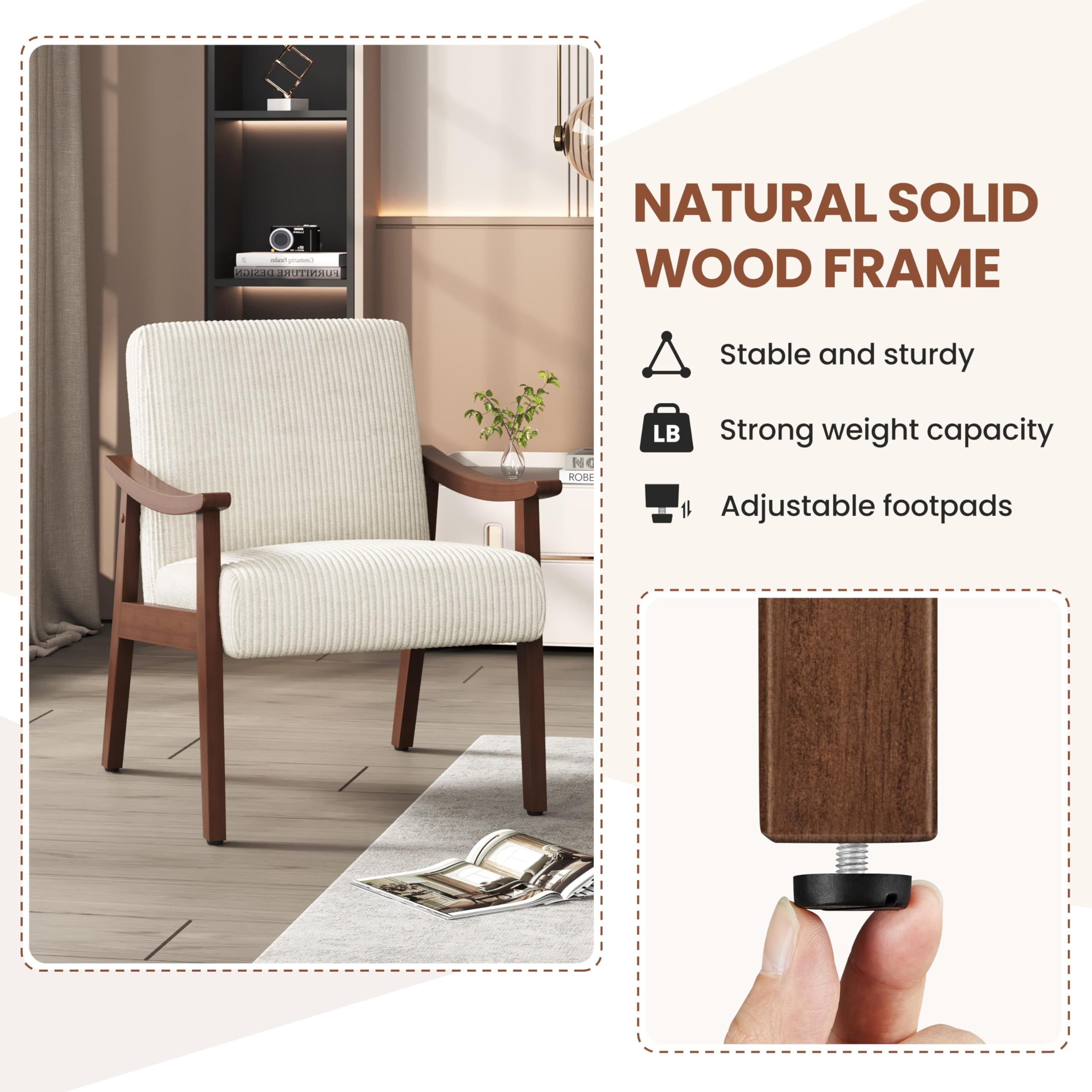 Corduroy Accent Chair, Mid-Century Modern Armchair with Solid Wood Legs, Reading Leisure Chair with High Back for Living Room Bedroom Waiting Room Beige