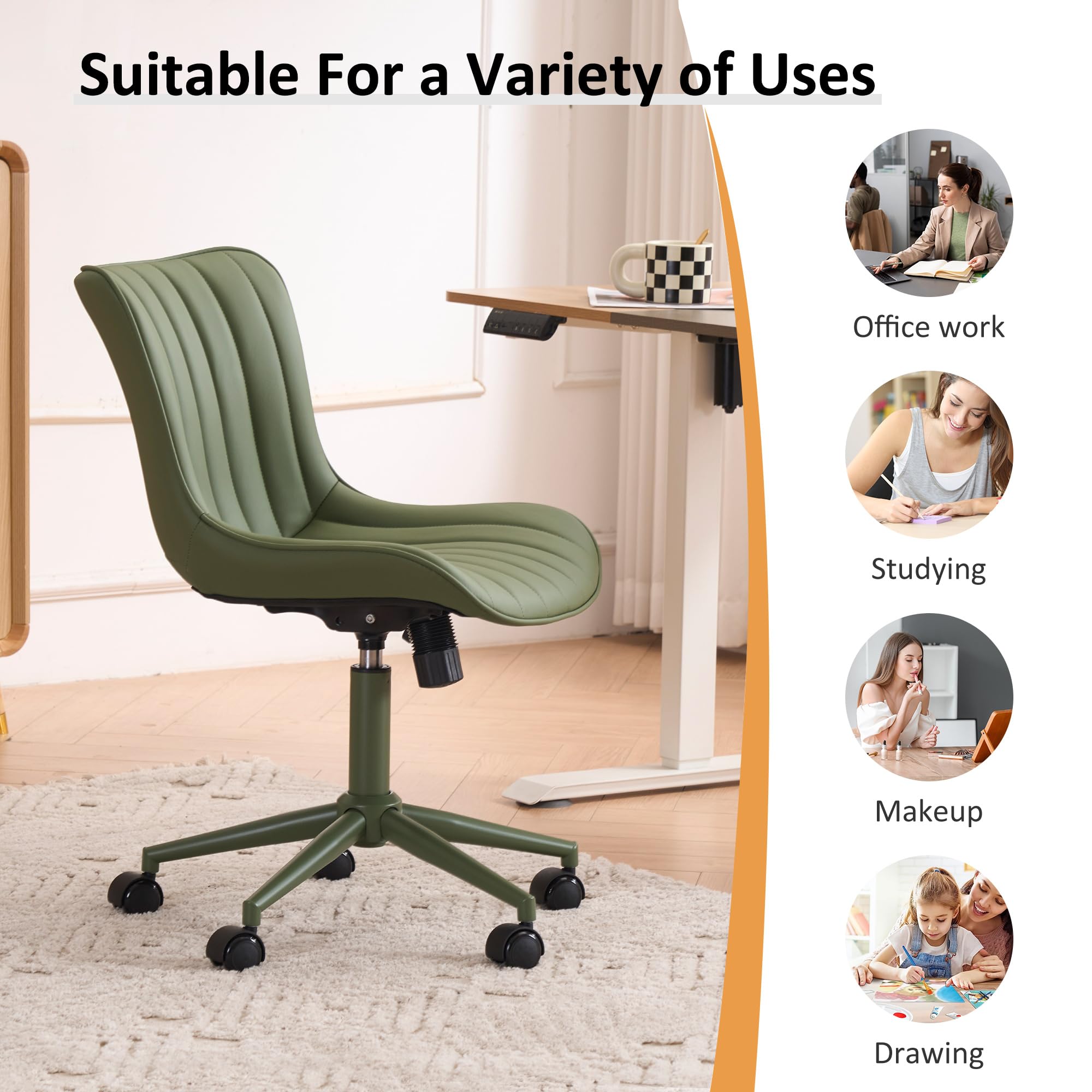 Home Office Desk Chair with Wheels Armless Vanity Chair with Back Comfy Modern Leather Upholstered Rolling Task Chair Swivel Small Cute Sewing Chair No Arms Wide Adjustable Sage Green