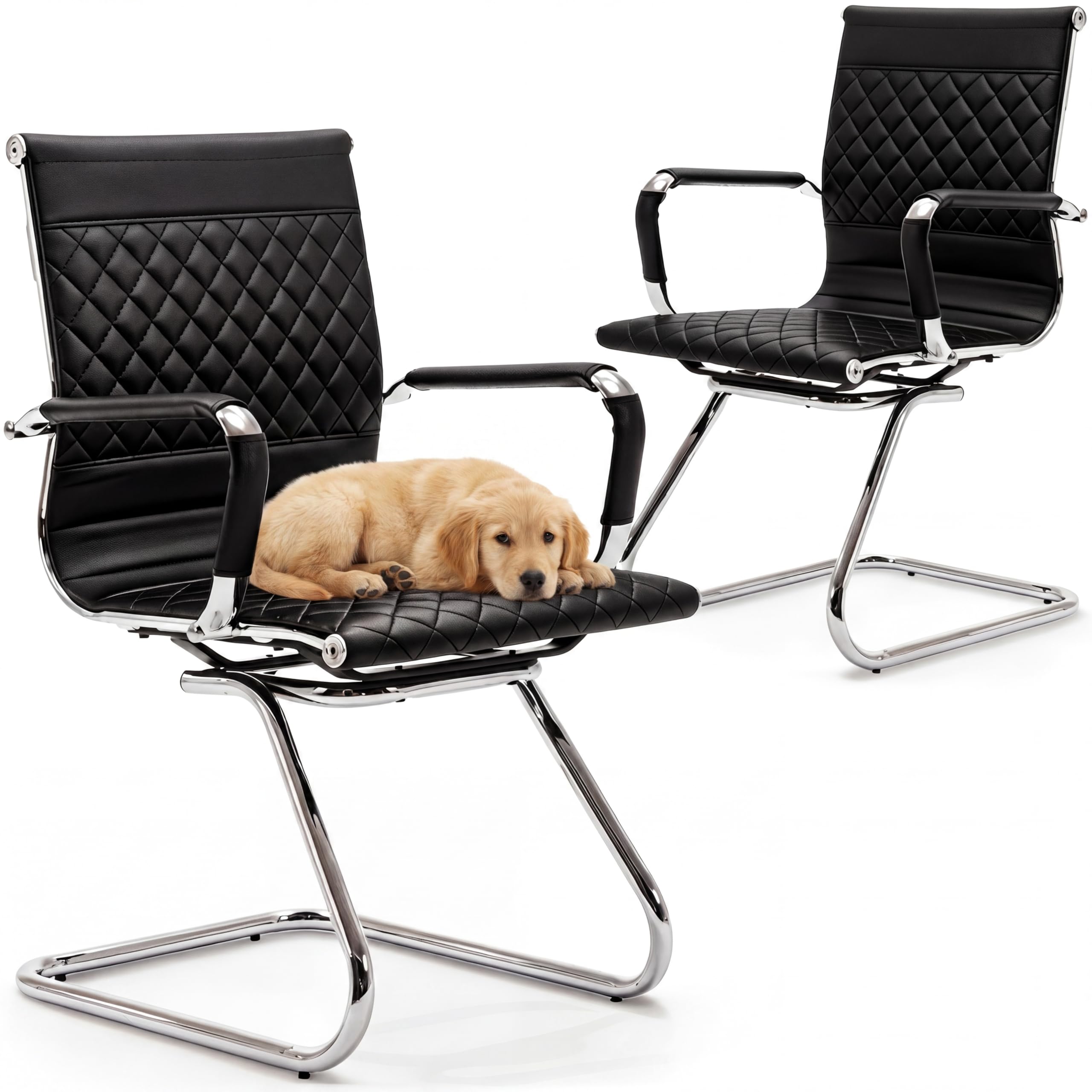 Office Chairs Set of 2 - PU Leather Chairs with Arms - Desk Chair No Wheels 400LB Capacity Sled Base, Modern Conference Chair for Home Office, Lobby, Salon Black
