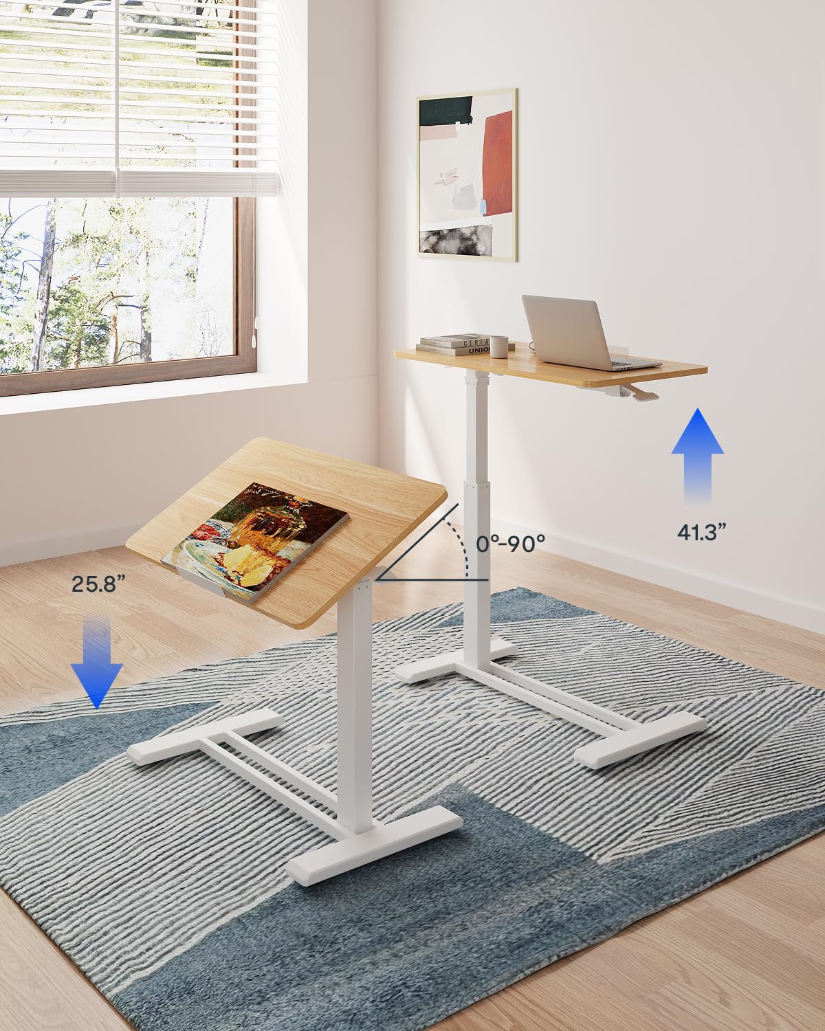 H7 PRO Mobile Standing Desk Adjustable Overbed Table Pneumatic with Wheels 90°Tiltable Portable Laptop Desk Rolling Computer Cart Foldable Bedside Table(31.5" W x 17.7" D D, Maple)