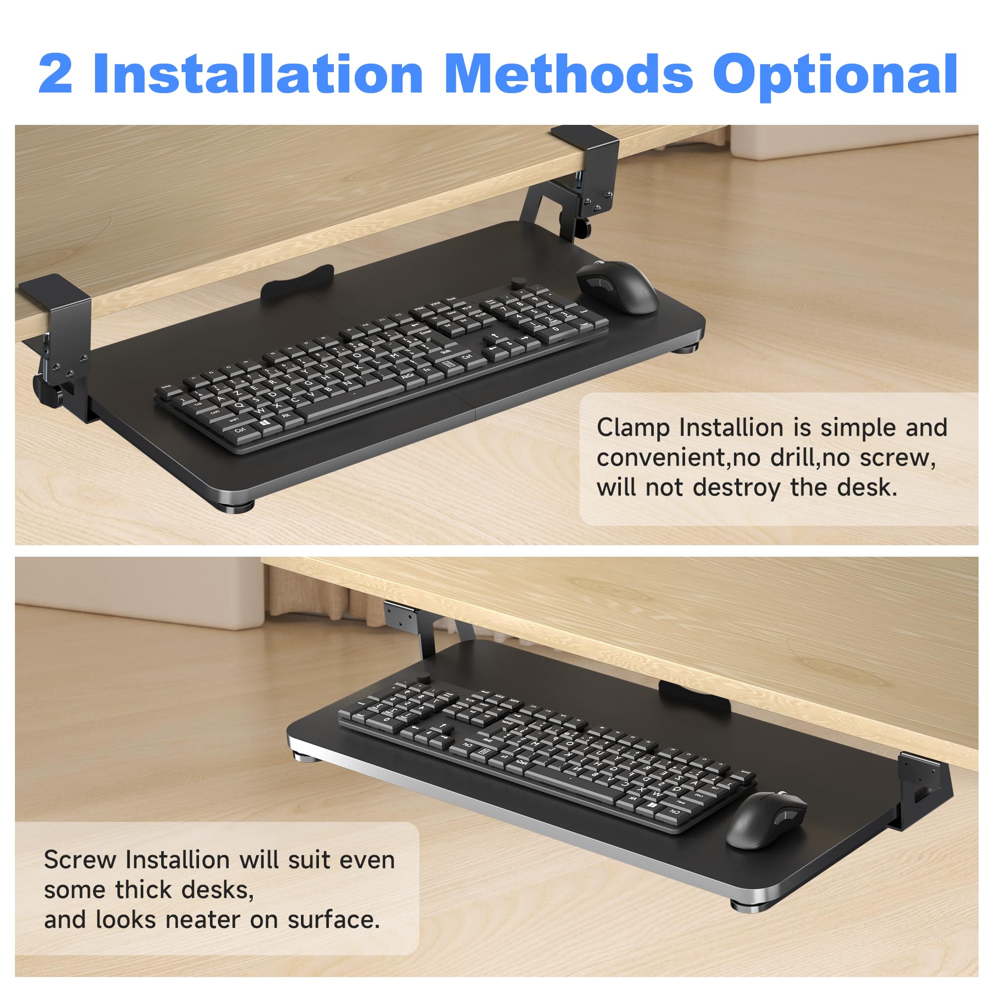 Keyboard Tray Under Desk Large C-Clamp 25.6” (30” Including Clamps) x 11.8” Slide-Out Platform Computer Drawer Pull Out Keyboard & Mouse Tray Black