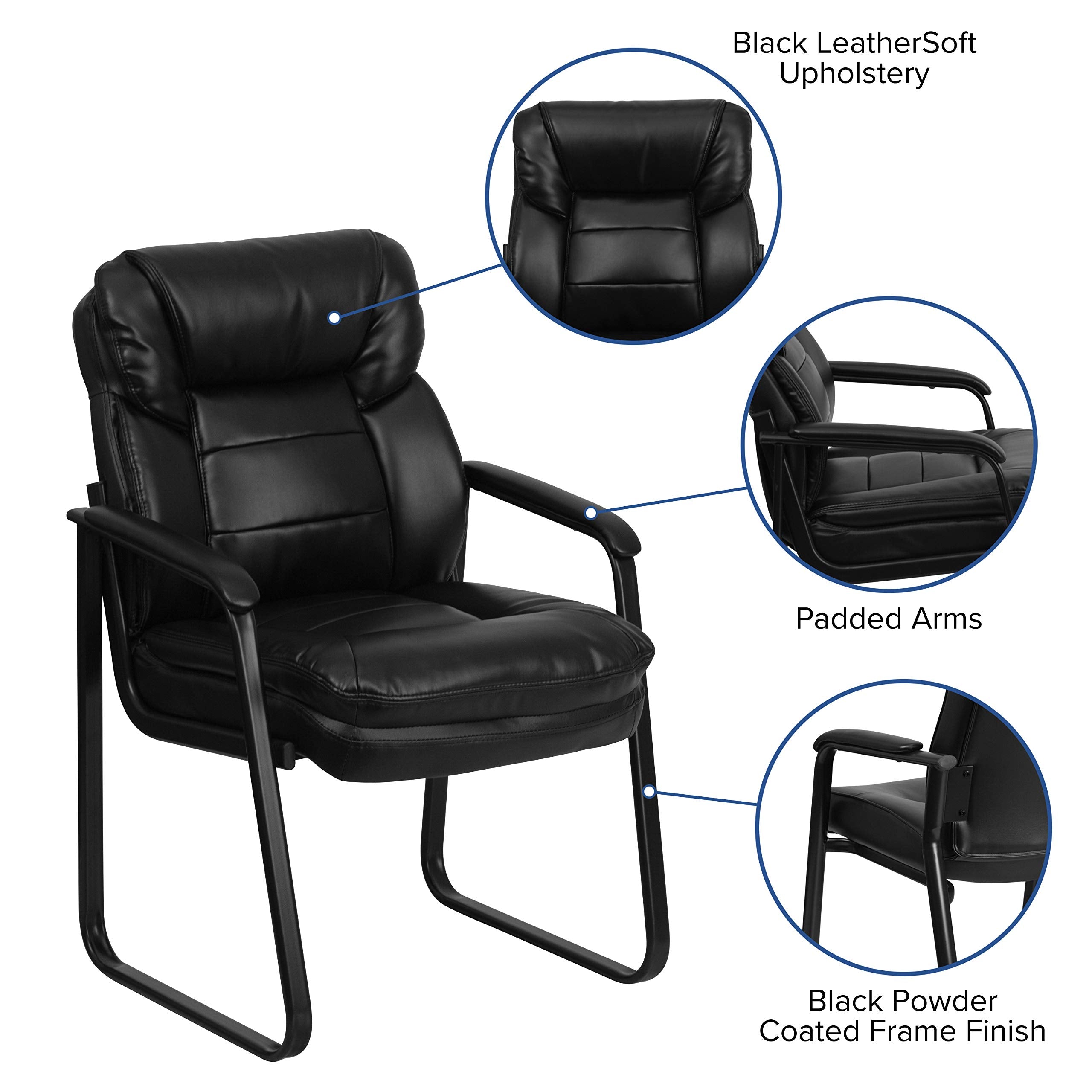 Leather Soft Executive Side Reception Chair with Padded Arms and Sled Base, Upholstered Side Chair for Living Room/Office, Black