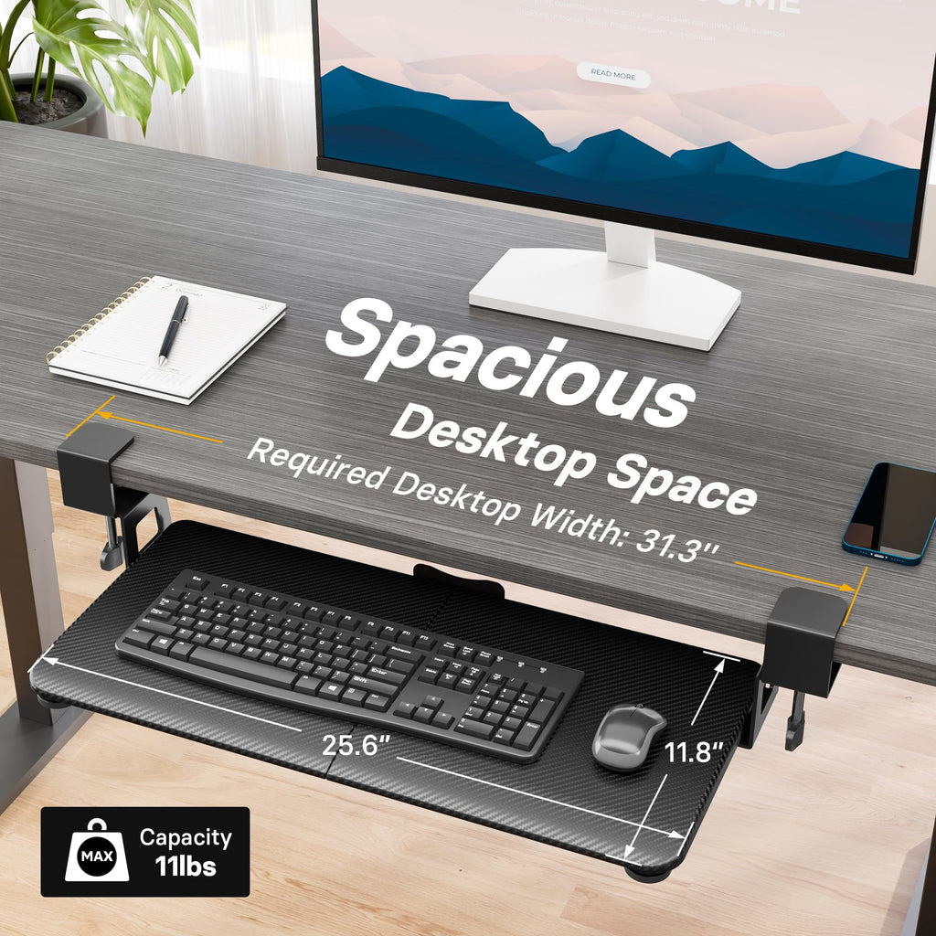 Under Desk Keyboard Tray, Pull-Out Keyboard & Mouse Platform with C-Clamp, 25.6 x 11.8 in Space-Saving Ergonomic Slide-Out Drawer, Black Carbon Fiber
