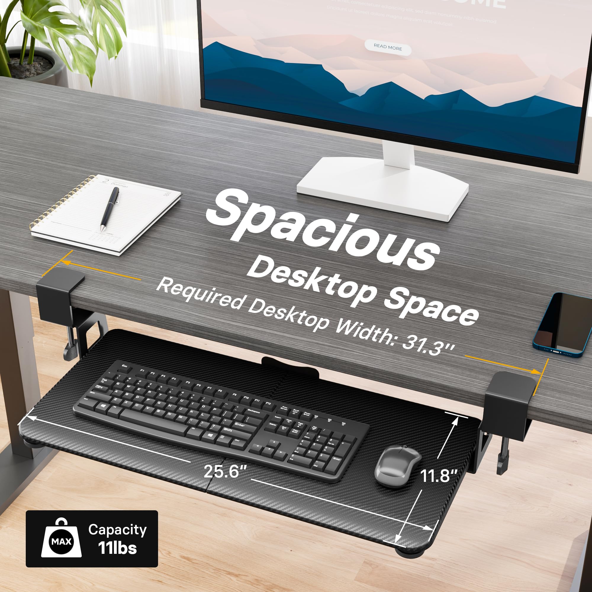 Under Desk Keyboard Tray, Pull-Out Keyboard & Mouse Platform with C-Clamp, 25.6 x 11.8 in Space-Saving Ergonomic Slide-Out Drawer, Black Carbon Fiber