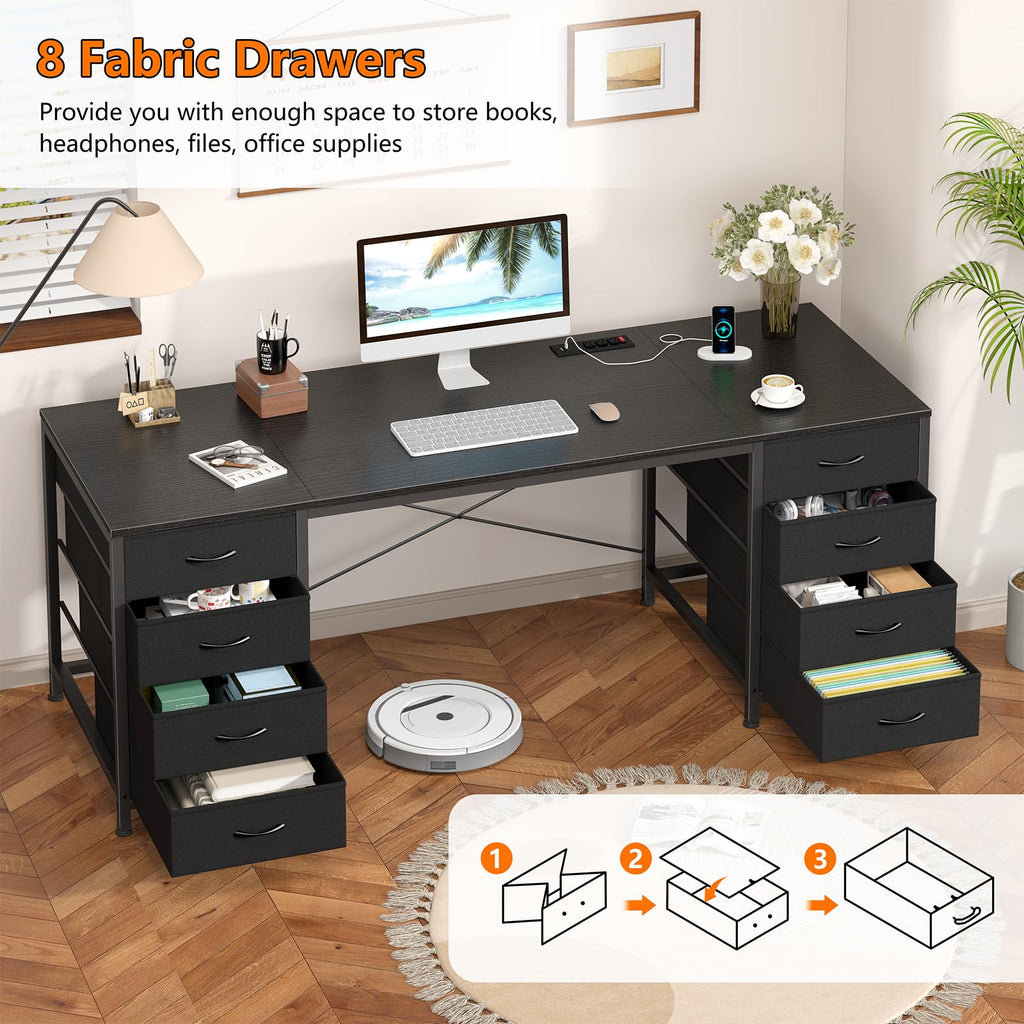60 Inch Computer Desk with 8 Drawers, Home Office Desk with Power Outlets, Work Study Gaming Desk with 8 Fabric Drawers, Black