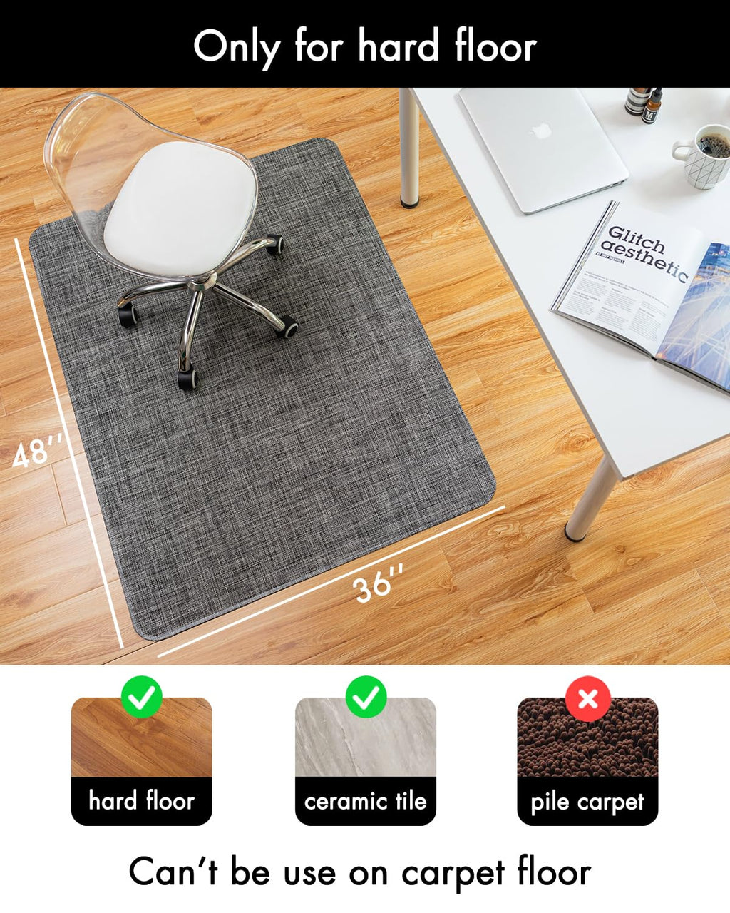 Office Chair Mat for Hardwood Floor Under Desk Computer Rolling Chair Mat for Wood/Tile Floor Non-Slip Heavy Duty Desk Rug PVC Plastic Hard Floor Protector 36" x 48"(Gravel)
