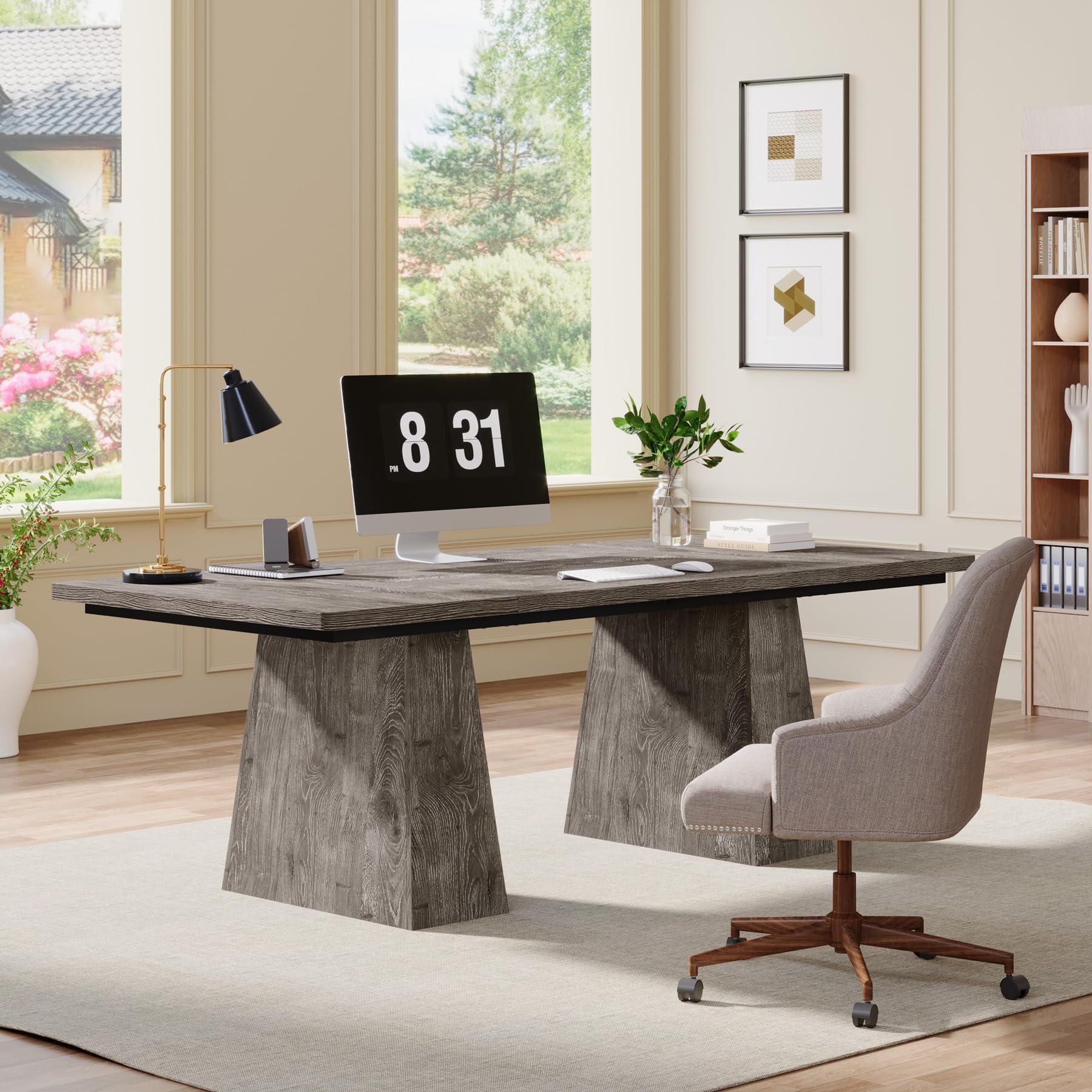 63-Inch Executive Desk, Large Office Computer Desk with Double Pedestal, Modern Simple Workstations Writing Table Conference Table Business Furniture for Home Office, Grey