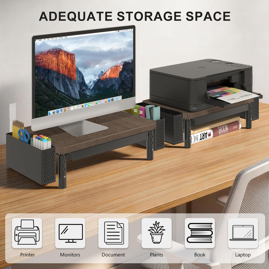 Plastic Computer Monitor Stand with Storage, Desk Organizer with Drawer and Pen Holder, Desk Monitor Riser 3 Height Adjustable, Laptop Riser for Computer, Laptop, Printer(PTT003-C), 1 Pack, Brown