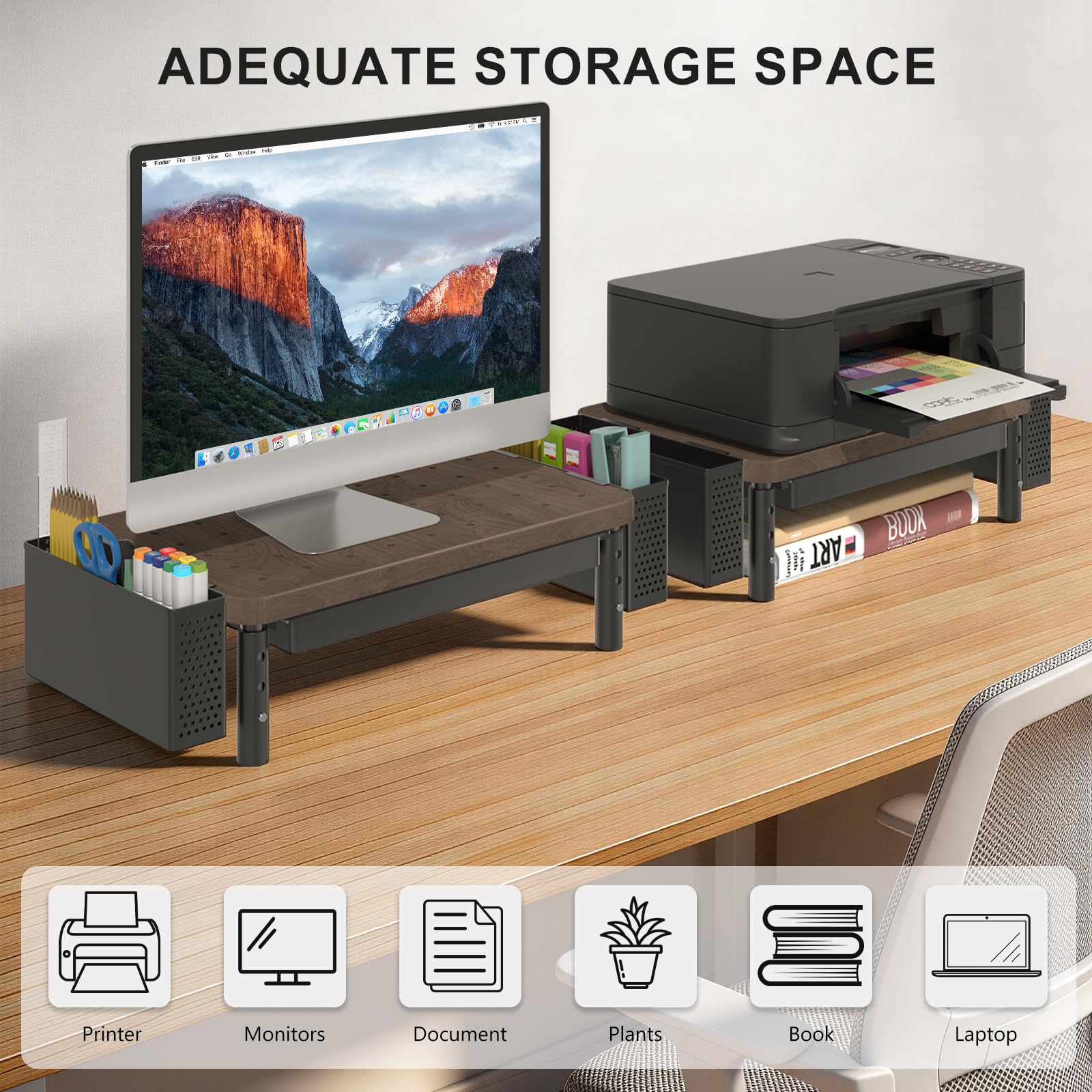 Plastic Computer Monitor Stand with Storage, Desk Organizer with Drawer and Pen Holder, Desk Monitor Riser 3 Height Adjustable, Laptop Riser for Computer, Laptop, Printer(PTT003-C), 1 Pack, Brown