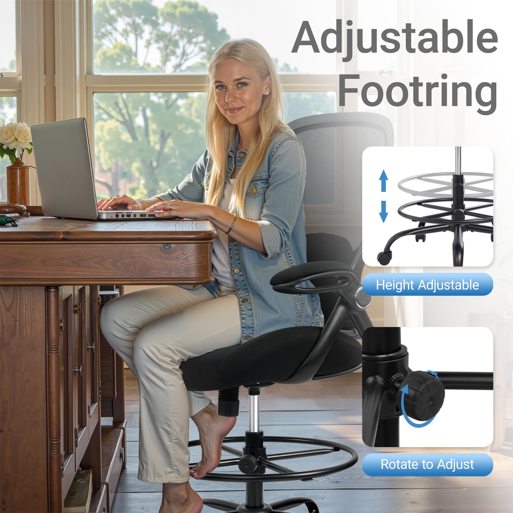 400lbs Big and Tall Heavy Duty Drafting Chair 5" Thickened Seat Tall Office Chair Flip-Up Armrests Ergonomic Chair with Lumbar Support and Adjustable Footrest Ring Standing Desk Chair (Black)