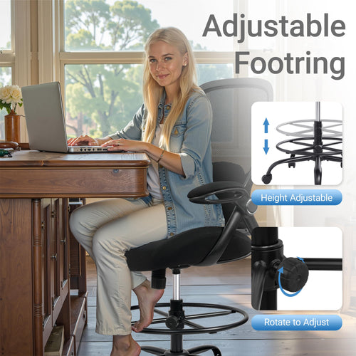 400lbs Big and Tall Heavy Duty Drafting Chair 5" Thickened Seat Tall Office Chair Flip-Up Armrests Ergonomic Chair with Lumbar Support and Adjustable Footrest Ring Standing Desk Chair (Black)