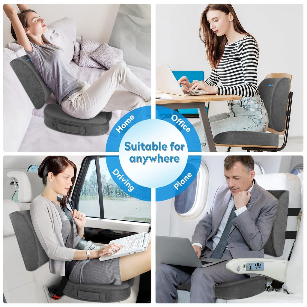 Lumbar Support Pillow & Seat Cushion Set for Office Chair, Desk Chair, Wheelchair & Car–Memory Foam Back Support, Ergonomic Chair Cushions,Sciatica Pain Relief,Home Essentials(Grey,XL)