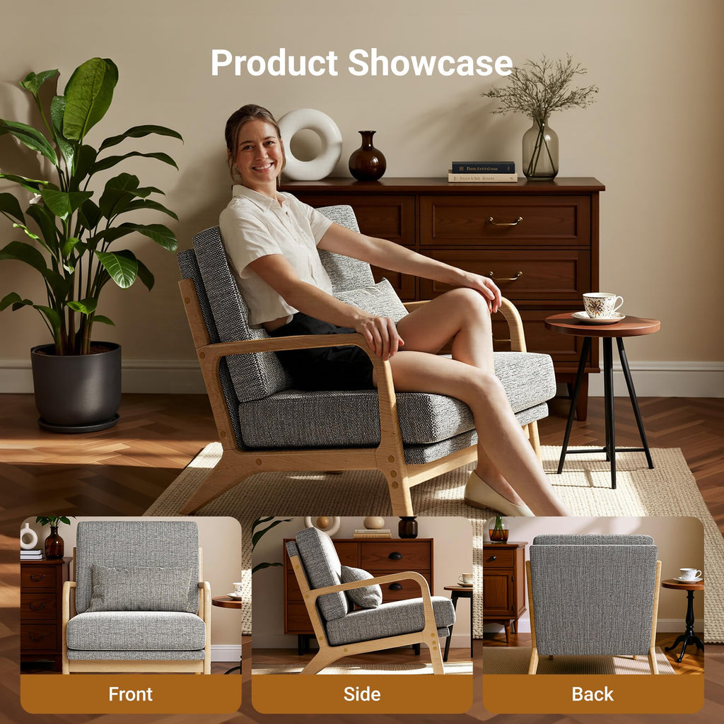Mid-Century Modern Accent Chair, Armchair with Solid Wood Frame & Lumbar Pillow, Comfy Upholstered Lounge Chair for Office, Bedroom, Linen-Like Fabric, Dark Gray
