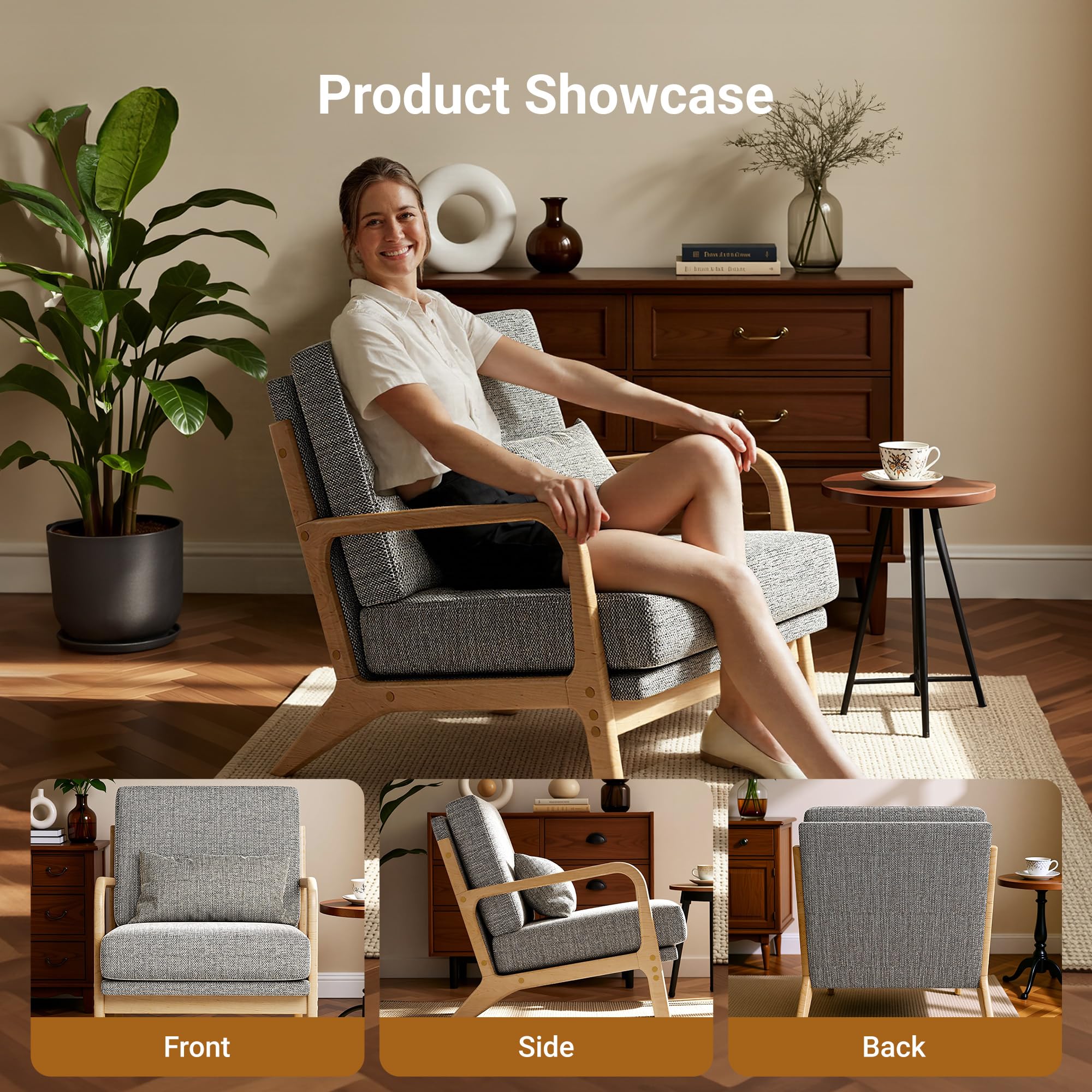 Mid-Century Modern Accent Chair, Armchair with Solid Wood Frame & Lumbar Pillow, Comfy Upholstered Lounge Chair for Office, Bedroom, Linen-Like Fabric, Dark Gray