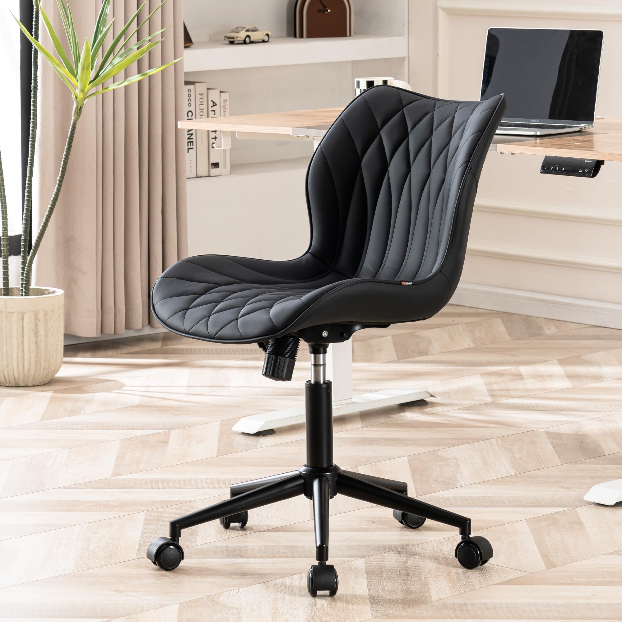 Armless Desk Chair Comfy Office Chair with Wheels Home Ergonomic Task Chair Adjustable Computer Chairs Modern Faux Leather Swivel Chair Upholstered Makeup Vanity Chair with Back(Black)